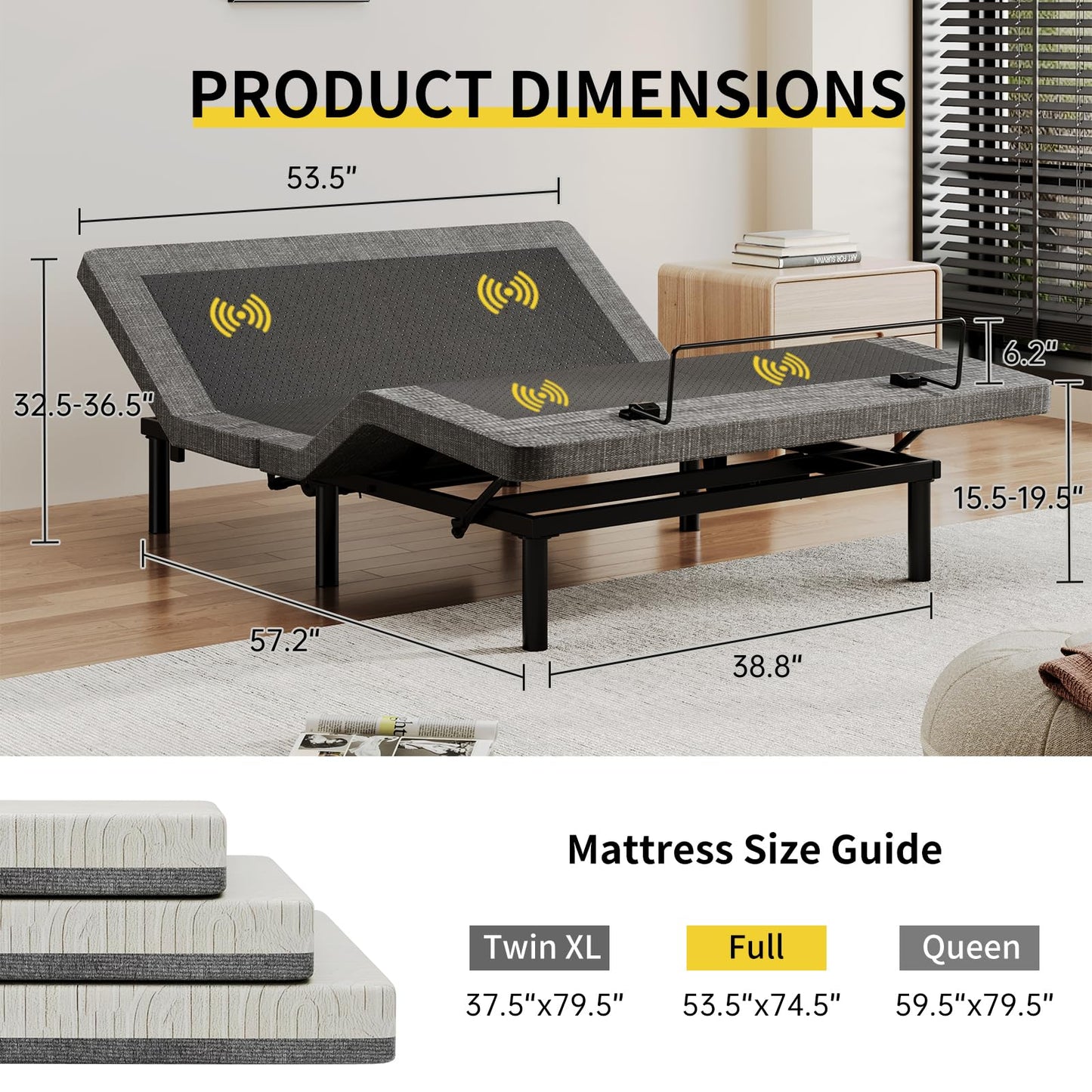 MULIN Full Size Smart Massage Bed Base, Electric Adjustable Frame with 6-Vibration Modes, Head & Foot Incline, 2 USB Ports, Flashlight, Storage Shelf & Remote