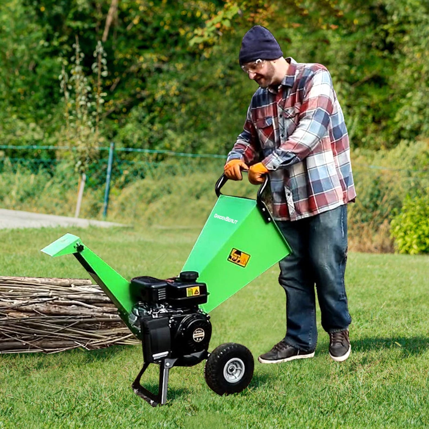 GARDENBEAUT R30 Wood Chipper 7HP Gas Powered, 3" Inch Max Cutting Diameter, All Steel Construction, Heavy Duty Shredder Mulcher 15: 1 Reduction
