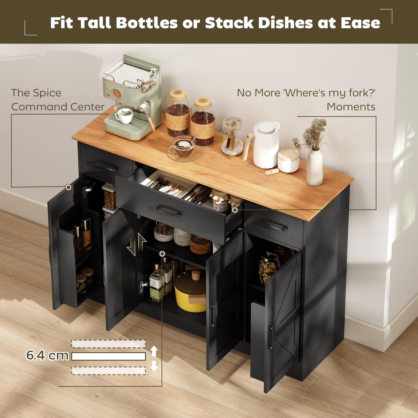 HOMCOM 47" Sideboard Buffet Cabinet, Farmhouse Credenza with Soft-Close Hinges, Coffee Bar Cabinet with Spice Racks, 3 Drawers and 3 Adjustable Shelves, Black