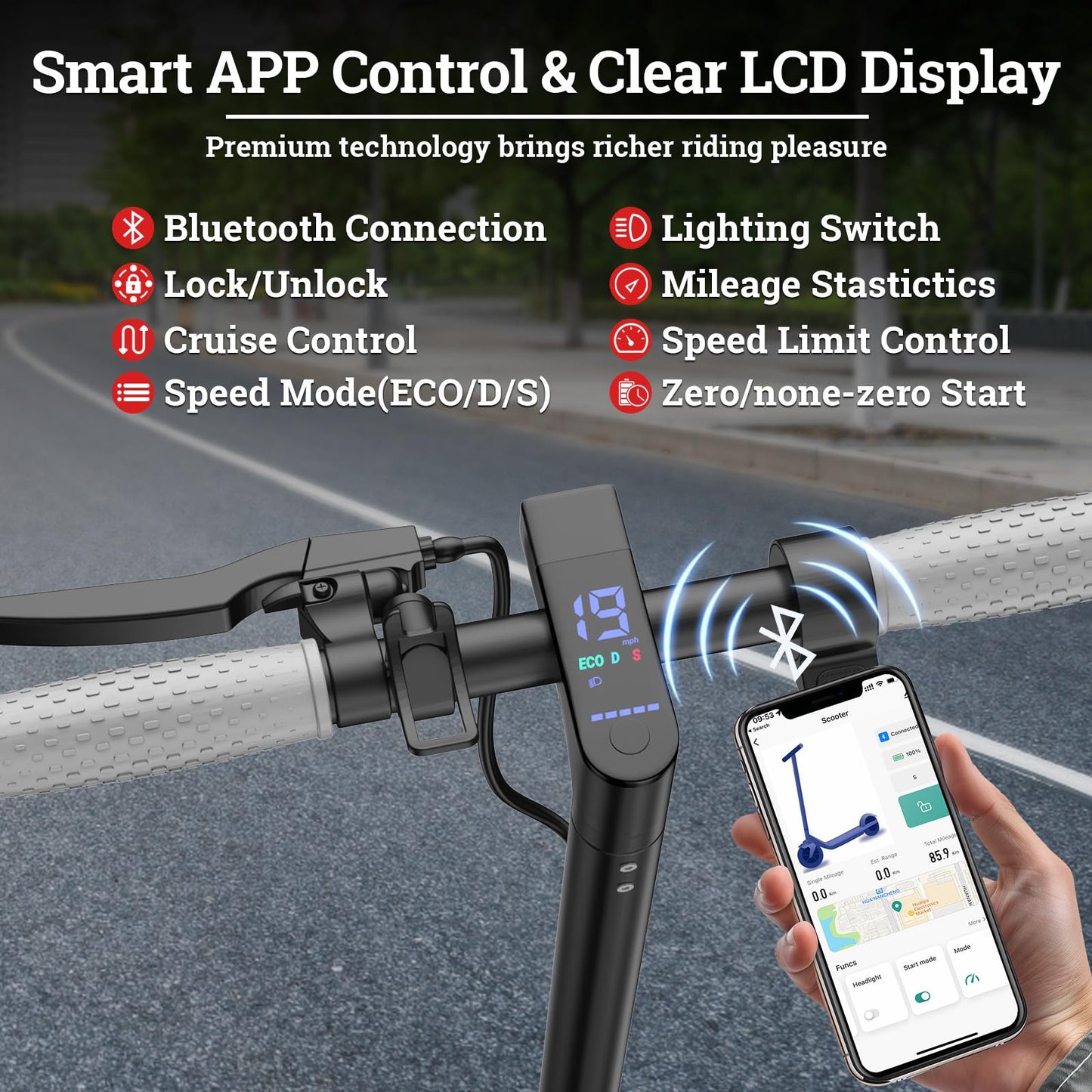 Qlaway 8.5" Aluminum Alloy Frame E Scooter for Adults 19 MPH Sport Escooter 350W Motor, Electric Scooter Up to 22 Miles Range, Bearing 265 LBS/APP Control/Seat