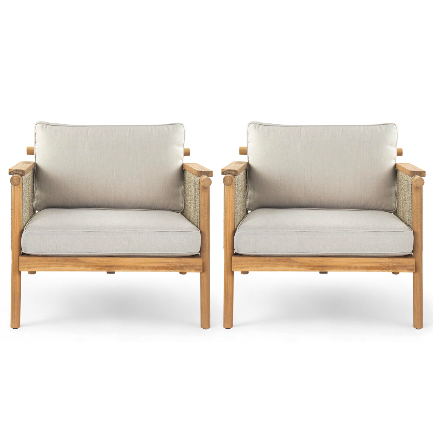Merax Outdoor Acacia Wood Lounge Chair w/Cushions Set of 2, Patio Club Chair with Rope & Sturdy Wood Legs, All-Wearther Singe Sofa Chair for Porch, Lawn, Backyard, Balcony, Teak+ Beige