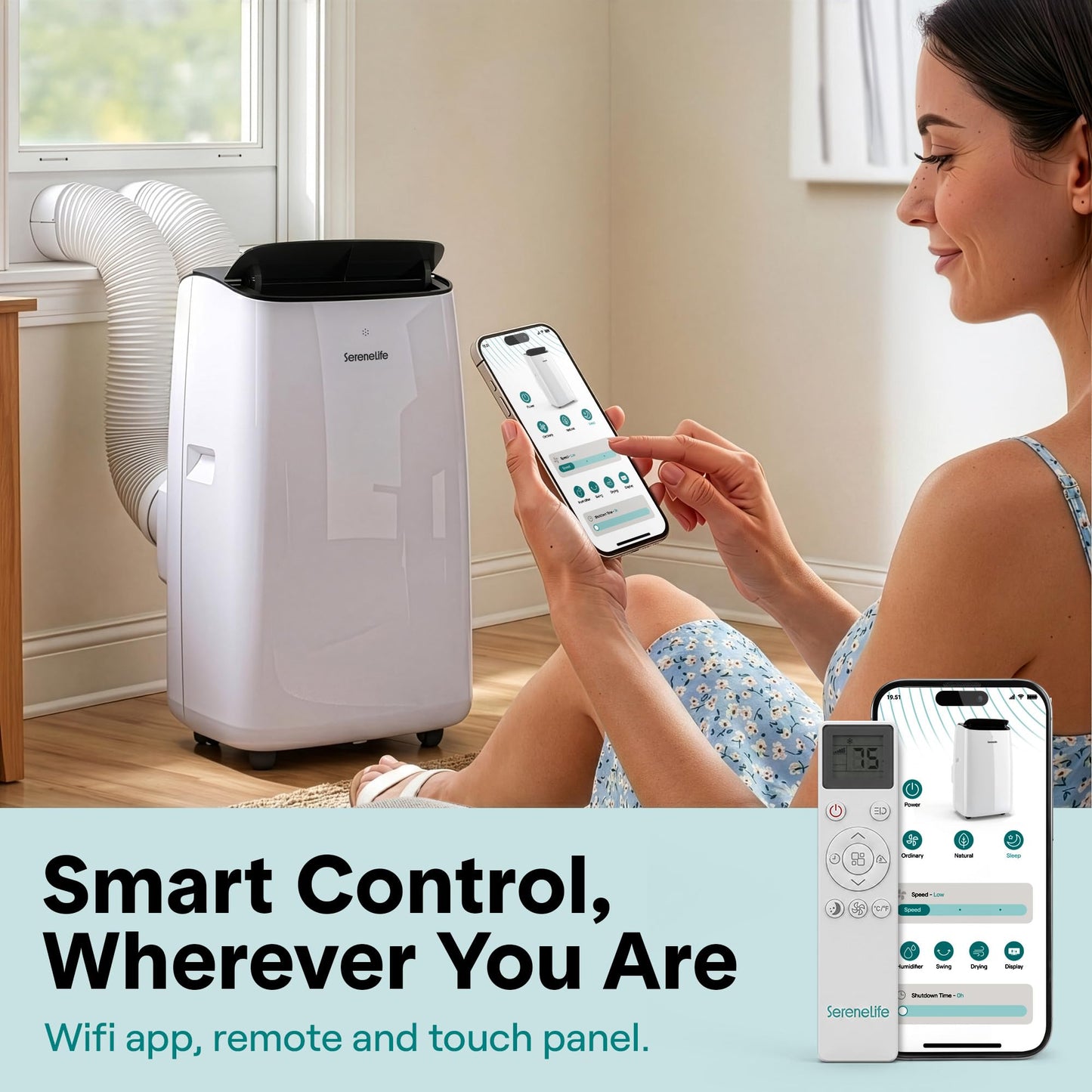 SereneLife 16000 BTU Inverter Portable Air Conditioner & Heater with Wi-Fi | Portable AC Unit with Dehumidifier, Fan Modes, Dual Hose System | Compact Standing Air Conditioner with Window Kit (White)