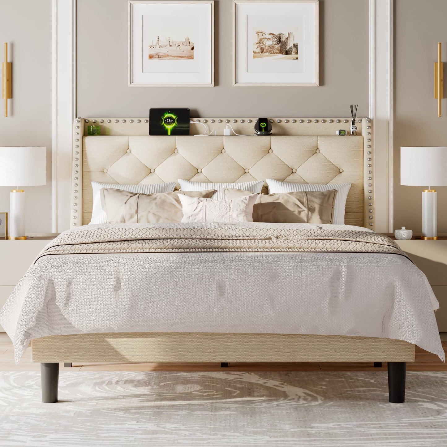 Feonase Queen Bed Frame with Luxury Wingback and Fast Charging Station,Queen Upholstered Button Tufted Storage Headboard Platform Bed,Sturdy Wooden Slats Support,Noise-Free,Easy Assembly, Beige