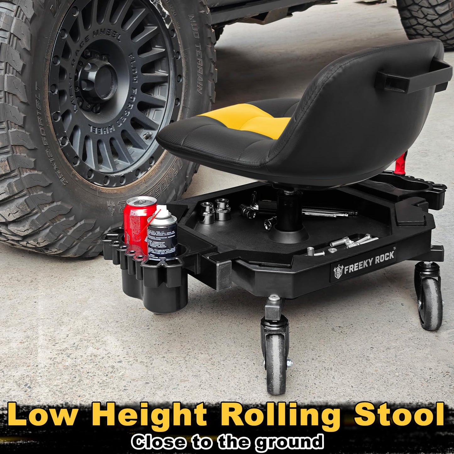 FREEKYROCK Rolling Stool with Wheels, Adjustable Height Pneumatic Garage Work Mechanic Stool Seat with Backrest, 400 LBS Capacity 360° Swivel Mechanic Crepper Chair with Tool Tray Storage, Yellow