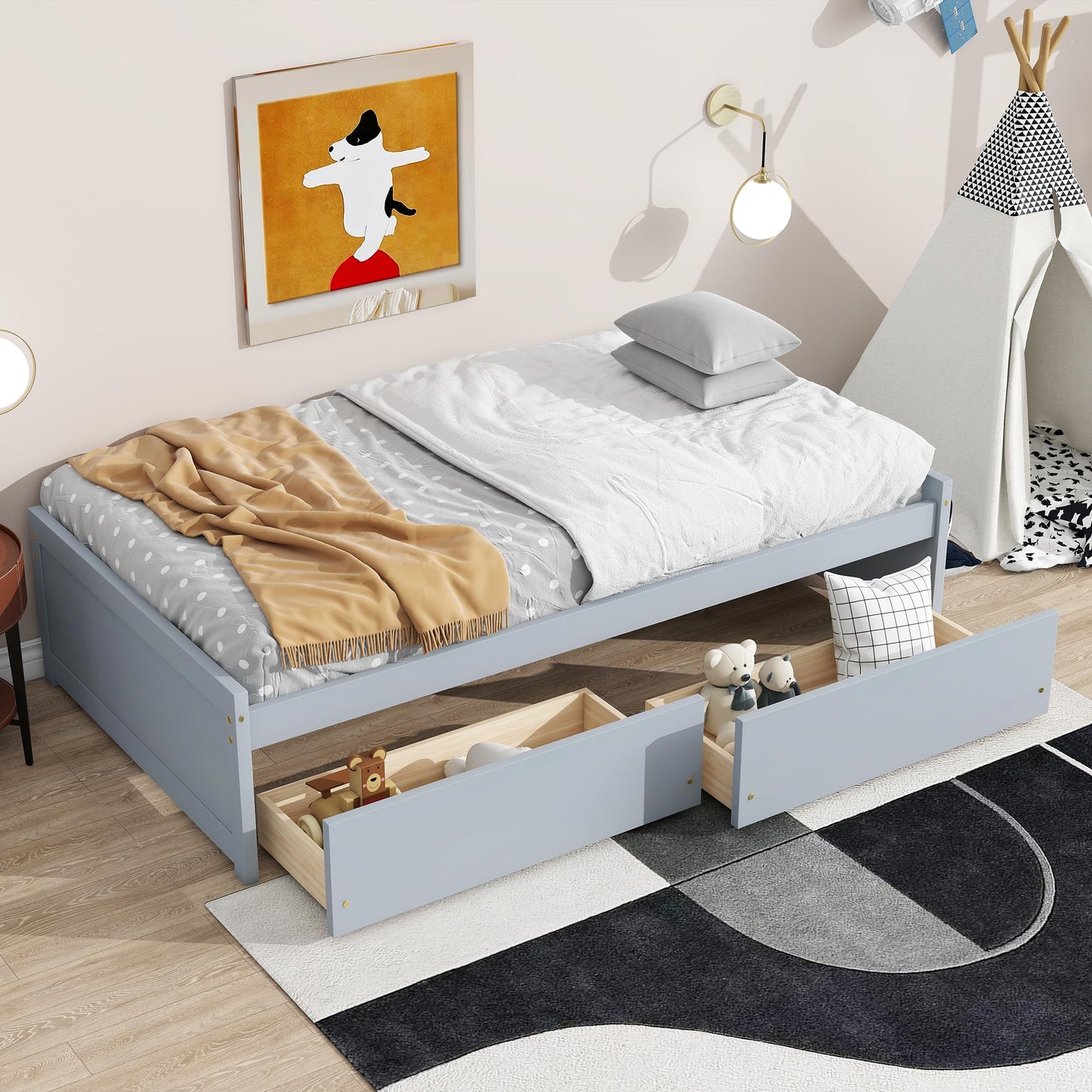 Twin Size Bed with Storage Drawers,Solid Rubber Wood Platform Bed Frame with 2 Pull-Out Drawers on Wheels,Wooden Beds for Kids Room Guest Room Bedroom,No Box Spring Needed,Easy Assembly,Grey