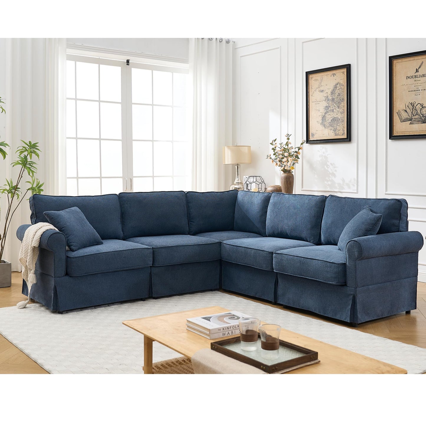 KEIKI 94" L-Shaped Oversized Modular Linen Sectional Sofa with Rolled Arms, Cushion Back, Modern Style Convertible 5-Seater Corner Couch, Easy Assembly, for Apartment, Living Room, Bedroom, Dark Blue
