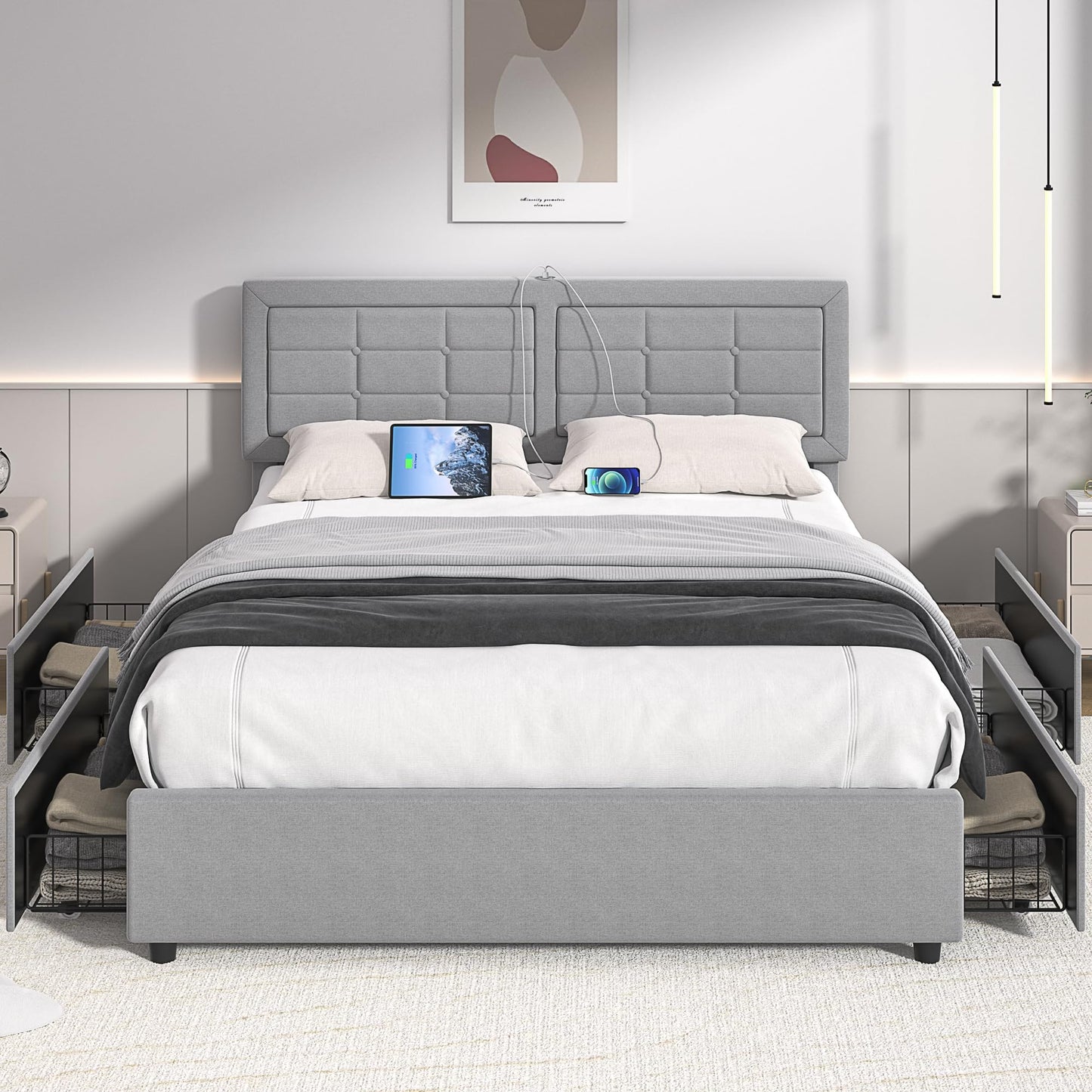 VECELO Queen Size Bed Frame with 4 Storage Drawers & Adjustable Headboard, Built-in Charging Station, Upholstered Bedframe with Wood Slats Support, Light Grey