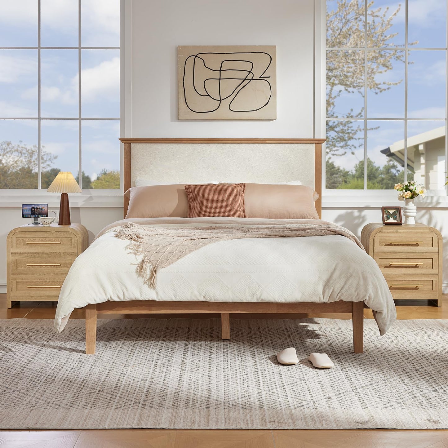 JINVICJIASI Oak Night Stand with Charging Station, Curved Nightstand with Drawers & Metal Handle, 22" Modern Side End Tables, Thick Desktop Bedside Table Storage Cabinet for Bedroom Home
