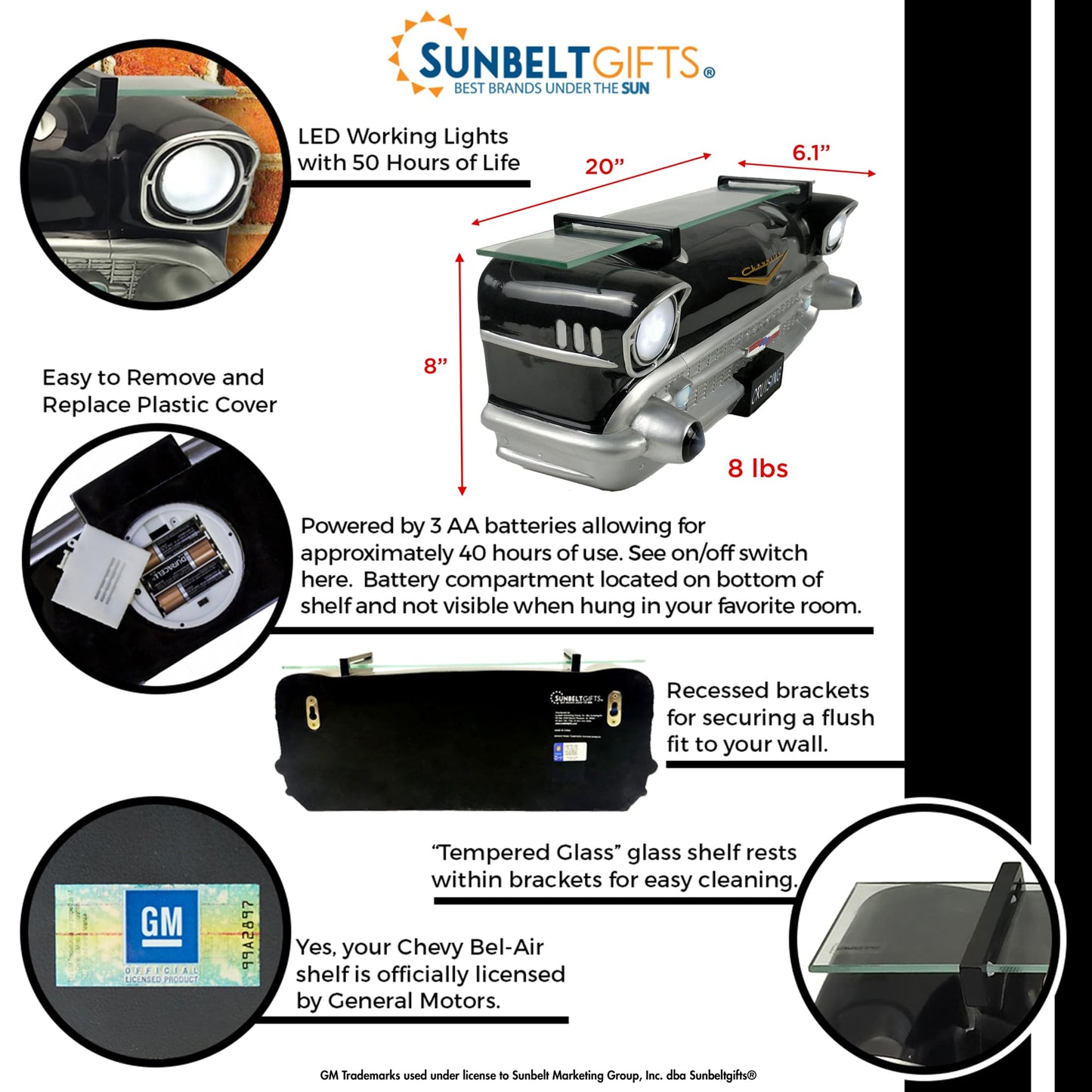 Sunbelt Gifts 1957 Chevrolet Chevy Bel Air Floating Wall Shelf, LED Headlights, Tempered Glass, Retro Classic Car Decor, Garage Man Cave Decor, Black, 20x6.1x8 inches, Gift for Car Enthusiasts