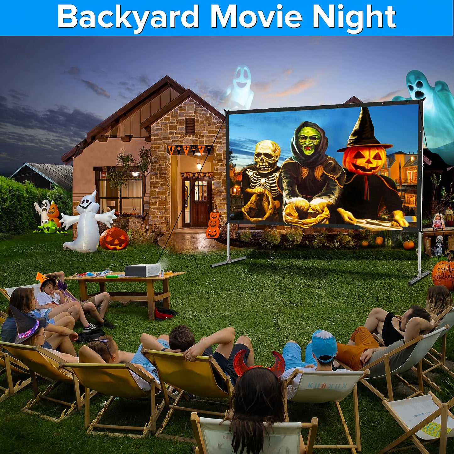 Projector Screen and Stand,JWSIT 135 inch Outdoor Movie Screen-Upgraded 3 Layers PVC 16:9 Outdoor Projector Screen,Portable Video Projection Screen with Carrying Bag for Home Theater Backyard
