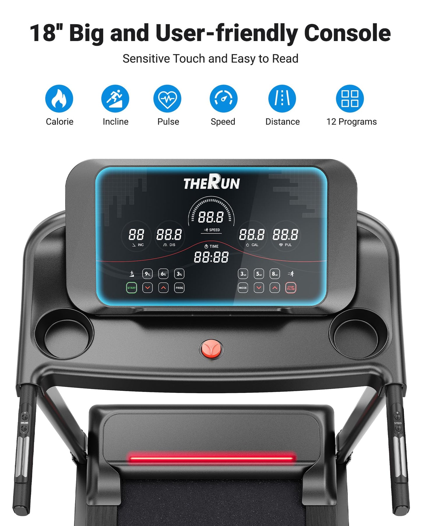 THERUN Treadmill with Incline 12% Auto Adjust, 3.0 HP Treadmill with LED Strip, Heart Rate Monitoring Incline,16.5" Wider Running Belt