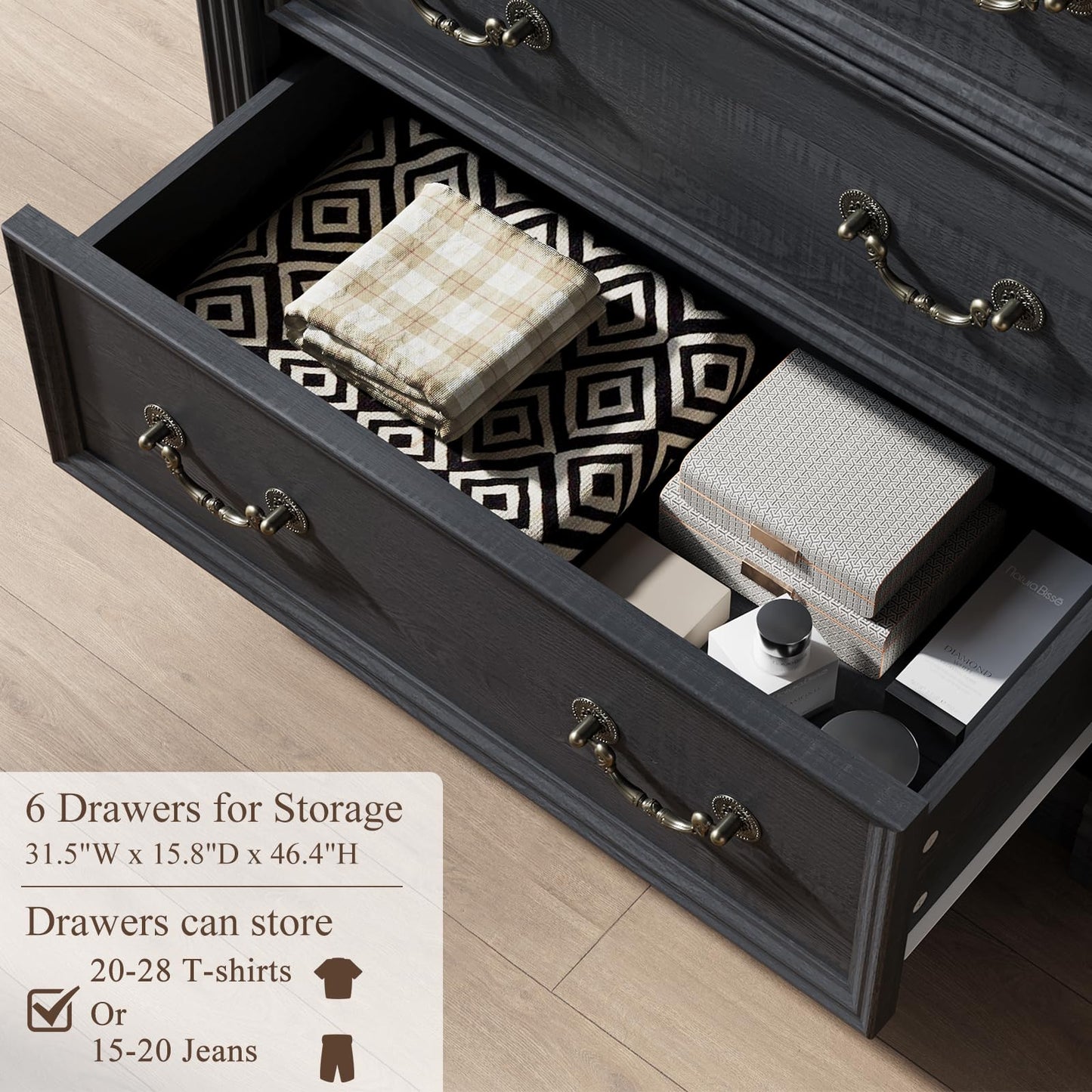 Black Dresser for Bedroom, 47" Tall Dresser for Bedroom, Wood Rustic Chest of Drawers with Chic Wood Pilasters, Farmhouse Dressers Organizer for Bedroom, Hallway