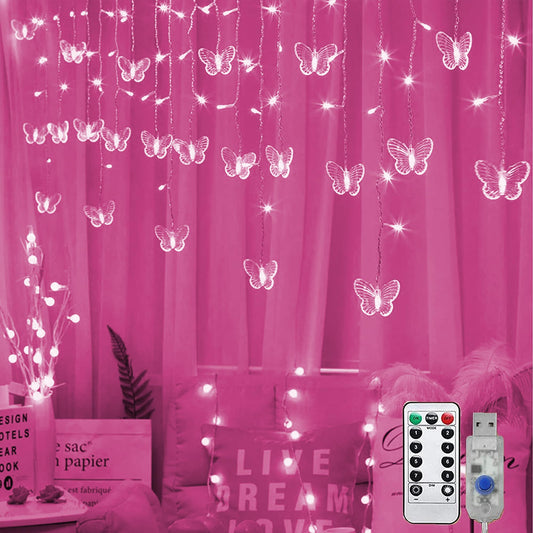 MinoMia Butterfly Curtain Fairy Lights, 96 LED, 11.5FT, USB Plug, 8 Modes, Remote Control, Pink