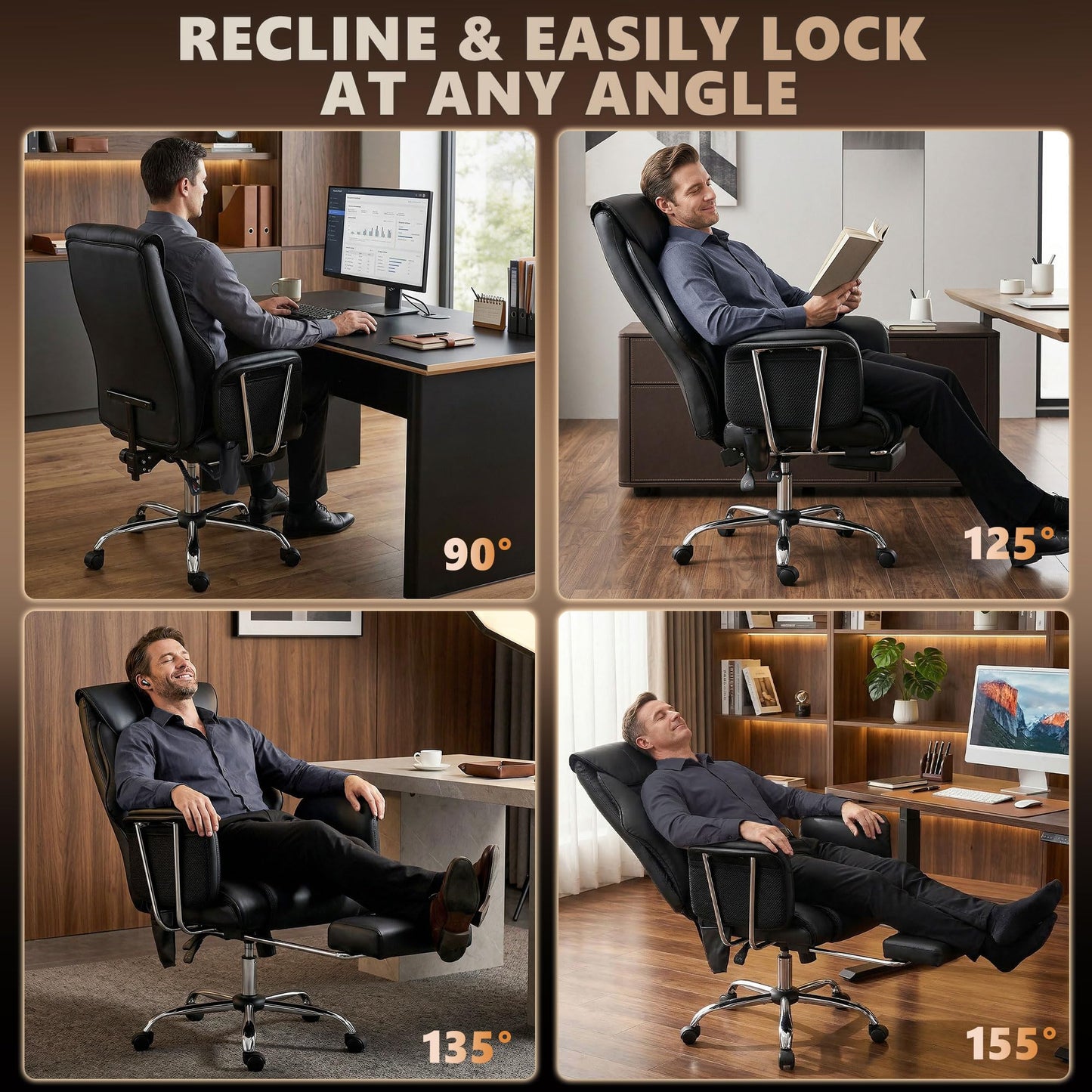 HOMCOM Massage Office Chair with 6-Point Vibration, 155° Recline & Retractable Footrest, PU Leather Executive Computer Desk Chair with Lumbar Support, Pocket Springs, Wheels for Home Office, Black
