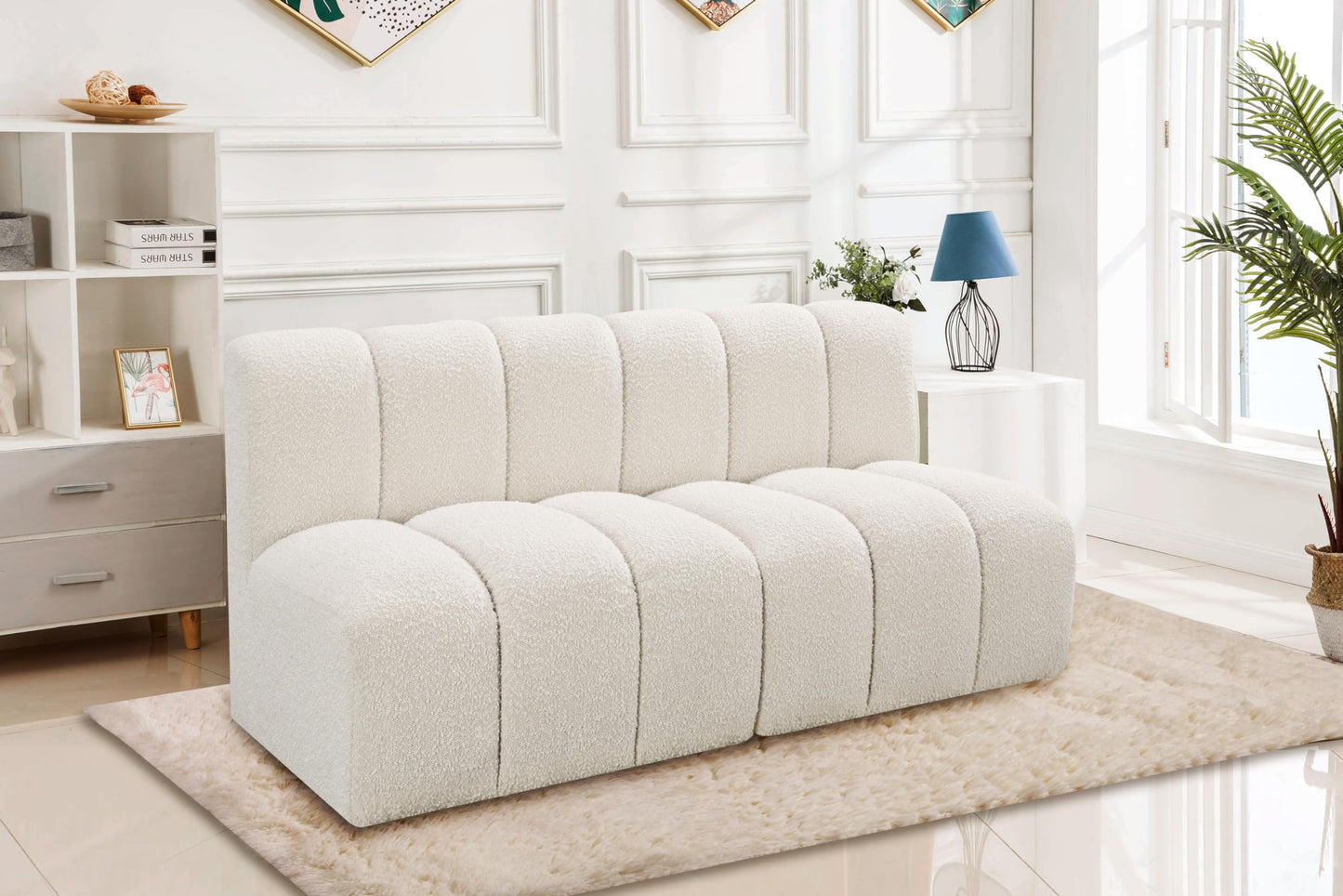 Meridian Furniture 102Cream-S2A Arc Collection Modern | Contemporary Modular Sofa with Rich Cream Boucle Fabric, Deep Channel Tufting, Modular Design, 60" W x 31" D x 30" H, Cream