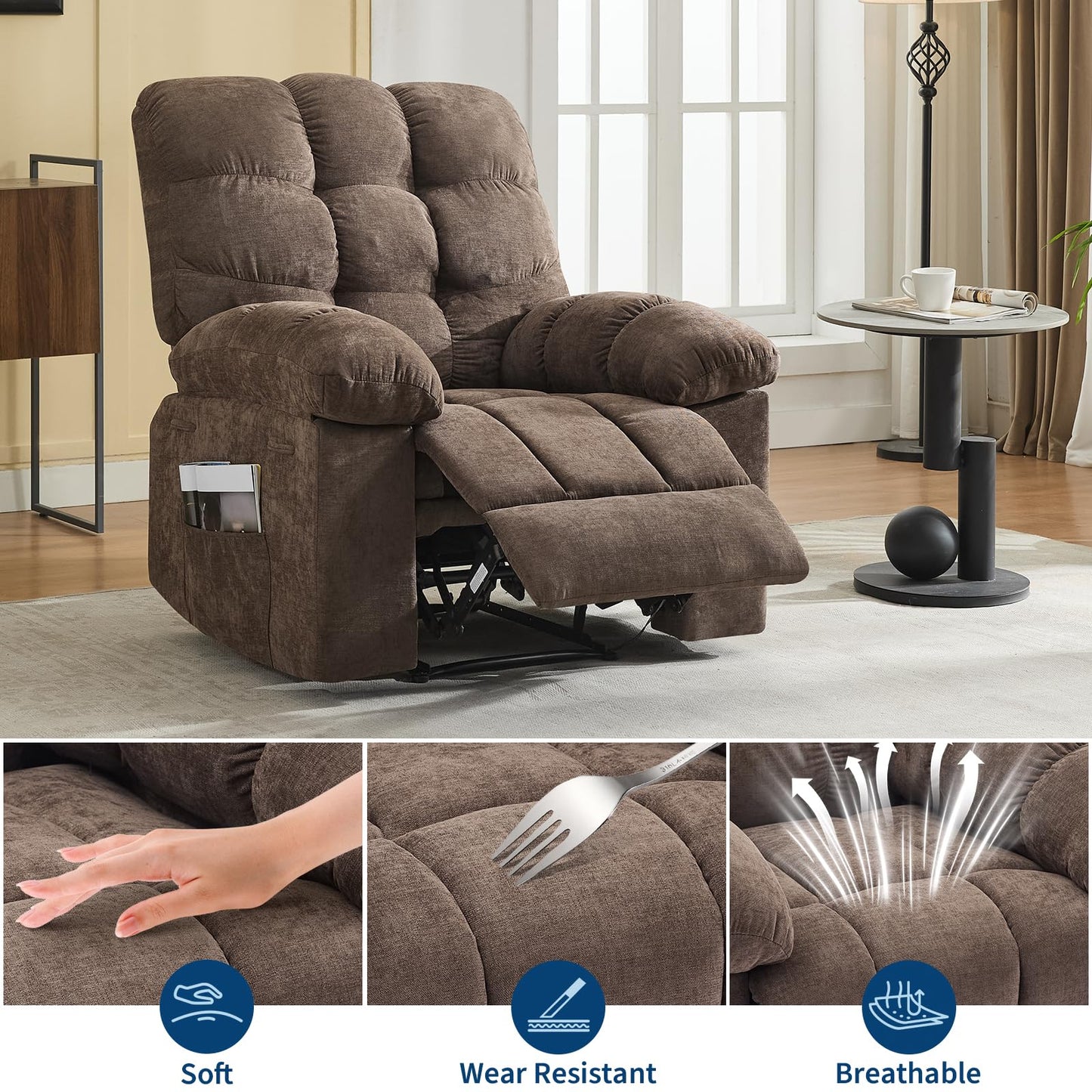 Oversized Recliner Rocking Chair - Wide Overstuffed Recliner with Massage & Heat, Lumbar Support, Side Pockets, Remote Control, Upholstery Soft Sofa Chair for Living Room, Bedroom - Light Brown