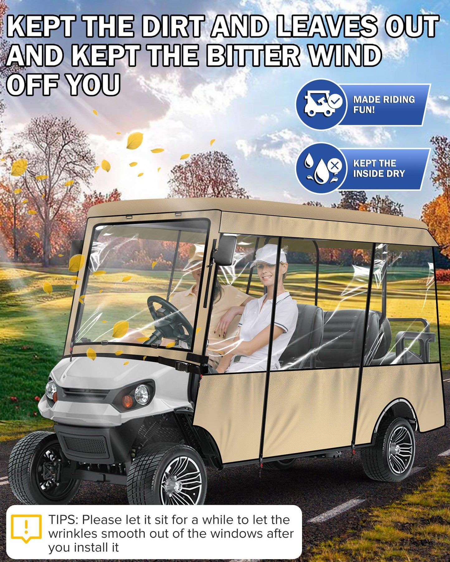 moveland 6 Passenger Golf Cart Driving Enclosure - Heavy Duty Golf Car Rain Cover for EZGO 118" Roof - Upgraded Stronger Door Zipper for Golf Cart Outdoor Enclosure | Taupe