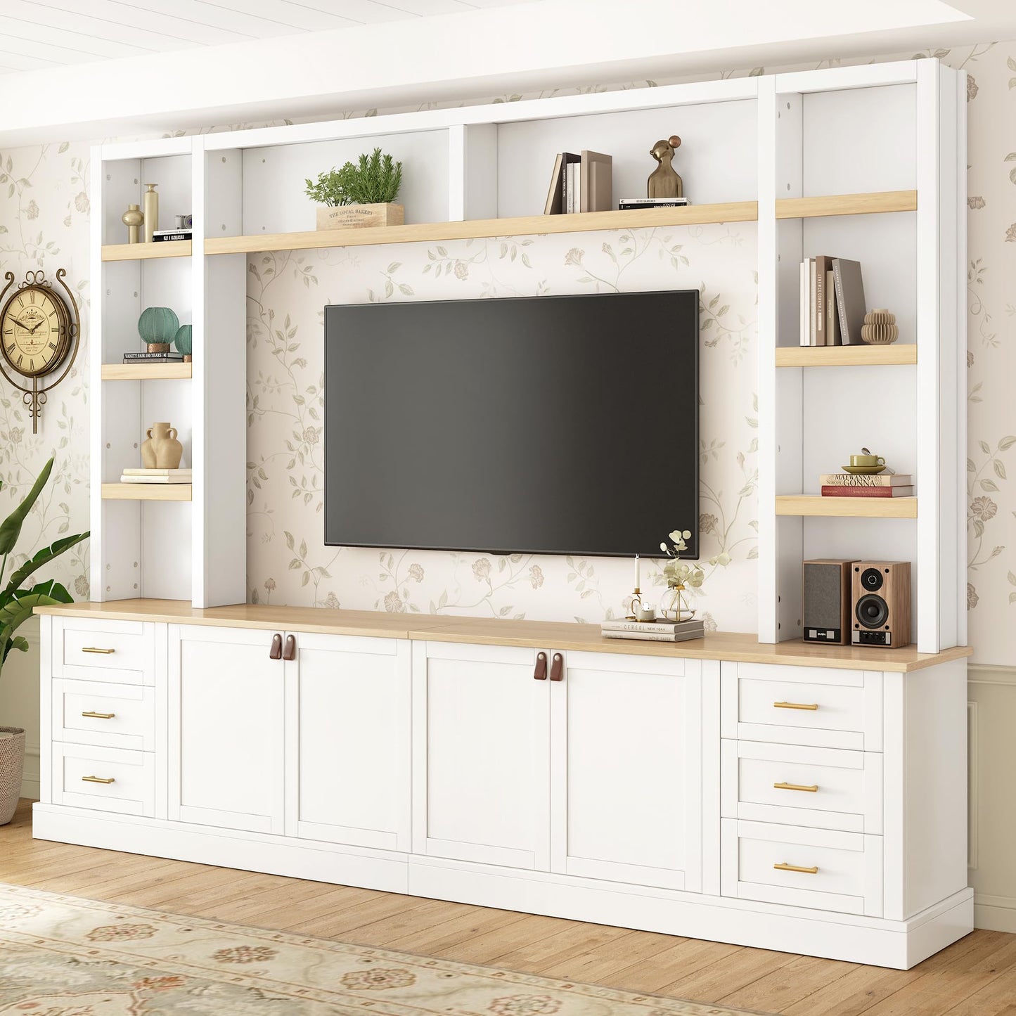 Merax 102.3 Inch Wide Farmhouse Entertainment Center, Rustic TV Stand with 6 Drawers & Adjustable Shelves, Large Media Console for TVs up to 75", Modern Bookshelves Wall Unit, White