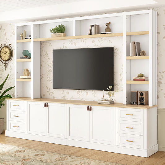 Merax 102.3 Inch Wide Farmhouse Entertainment Center, Rustic TV Stand with 6 Drawers & Adjustable Shelves, Large Media Console for TVs up to 75", Modern Bookshelves Wall Unit, White