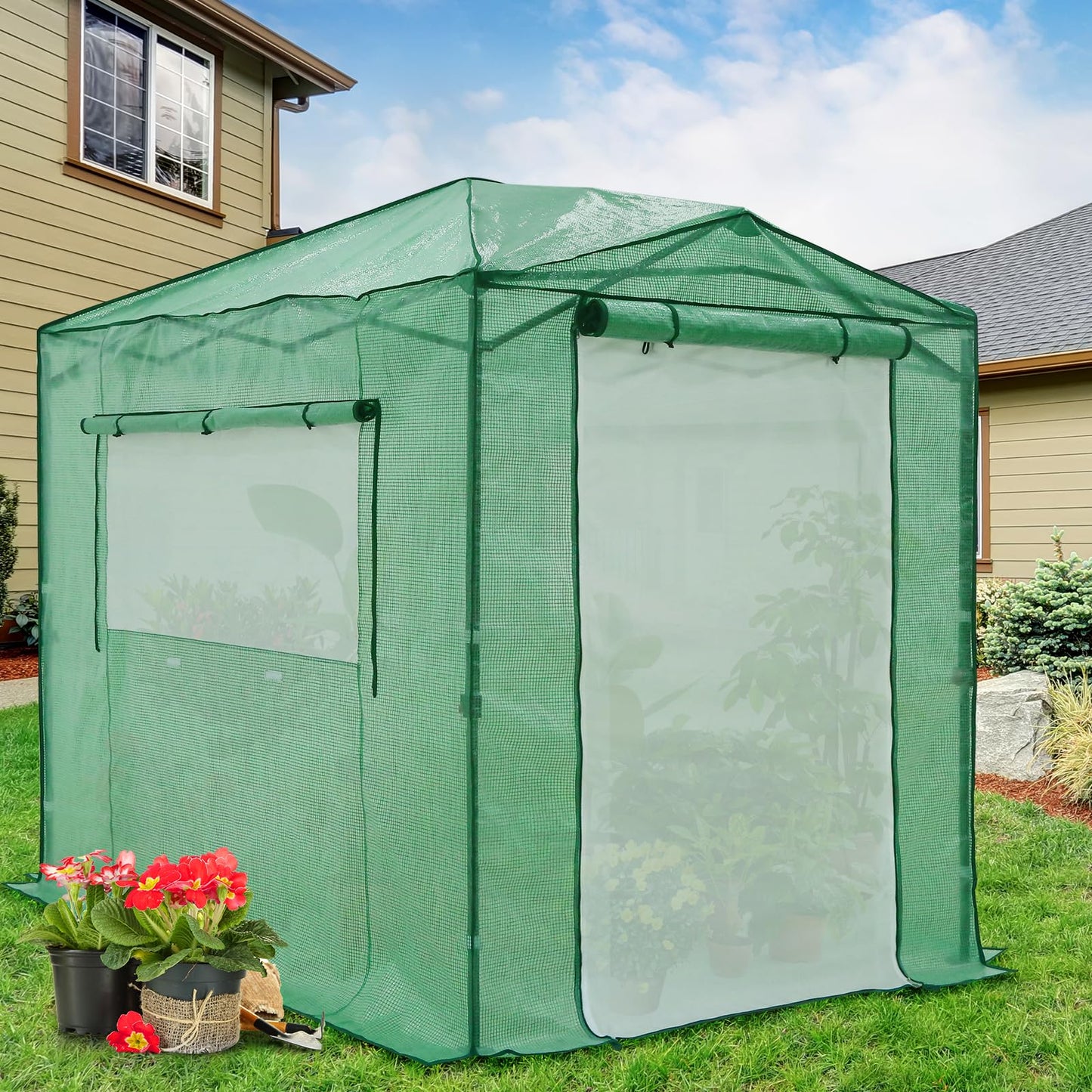 EAGLE PEAK 8x6 Portable Walk in Greenhouse, Pop Up Indoor Outdoor Greenhouse, Green House Kit with Zippered Roll-Up Doors and Windows + Mesh Lined Door, PE Cover, Clear/Green