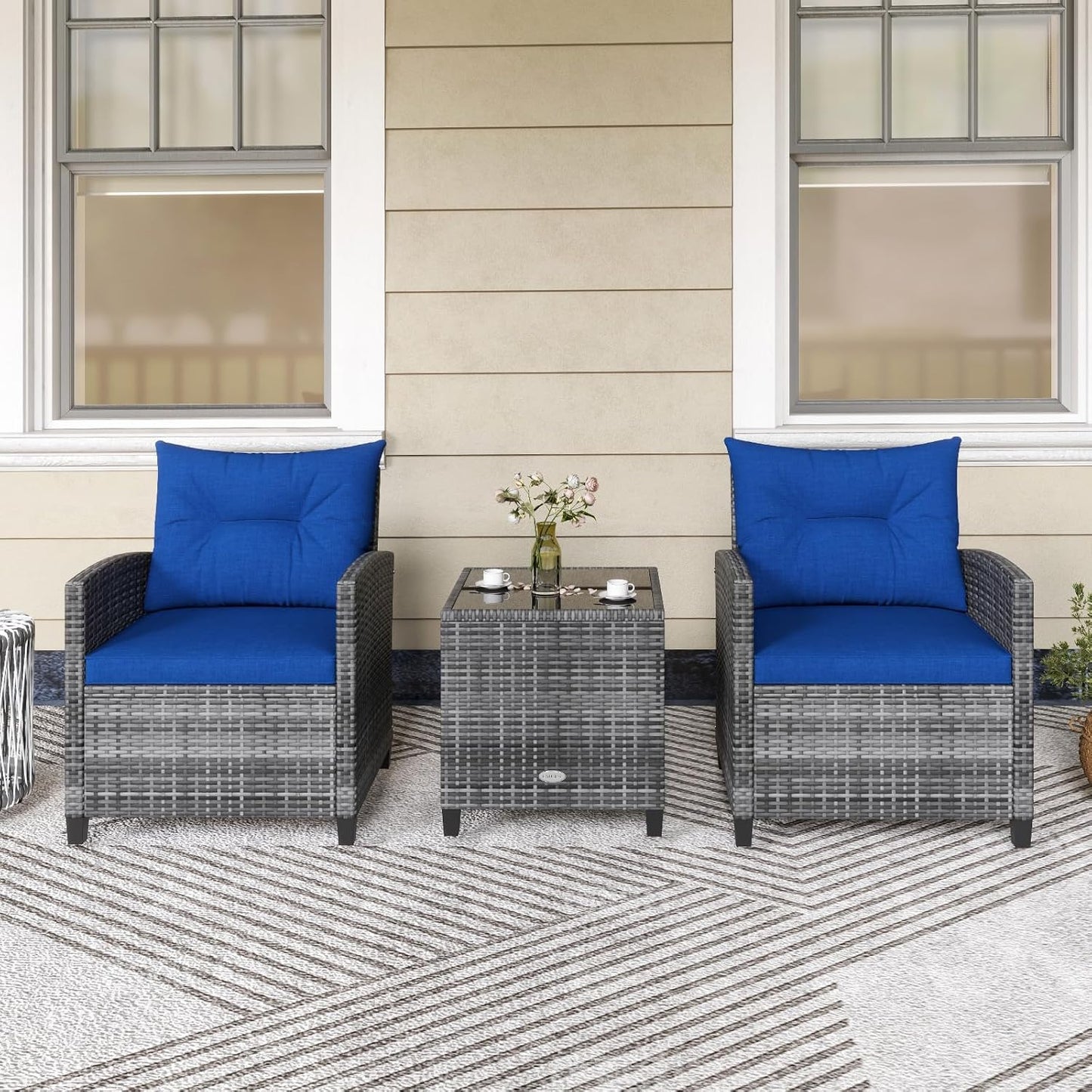 LDAILY Patio Furniture Set, 3 Pieces PE Rattan Wicker Patio Sofa Chairs with Washable Cushion & Glass Table, Outdoor Furniture Conversation Sets for Porch, Balcony, Garden, Poolside (Navy)