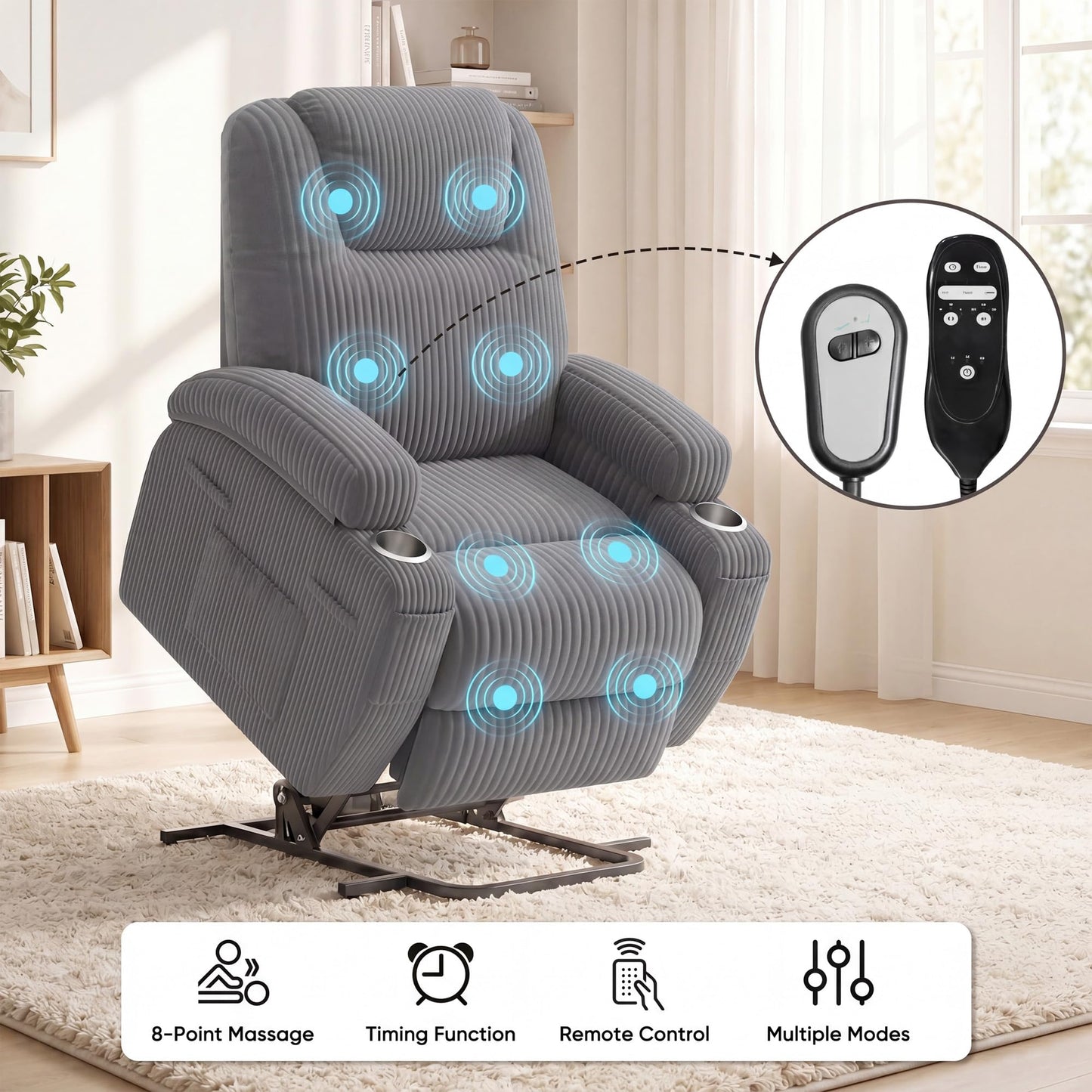Flamaker Power Lift Chair Massage Recliner Chairs for Elderly, Corduroy Ergonomic Design with Cup Holders & Side Pockets, Remote Control (Dark Gray)