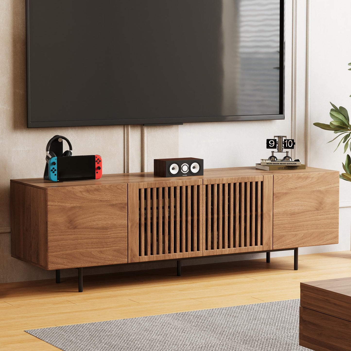gaoyangjiaju 70.87" Mid Century Modern TV Stand, Walnut Media Console for 70 Inch TVs, Entertainment Cabinet with 4 Storage Compartments for Living Room or Bedroom