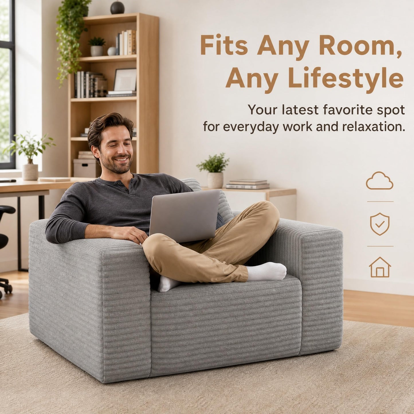 Trygoal Boneless Single Sofa Chair for Adult, Corduroy Cloud Lounge Chair with 2 Pillows & Wide Armrests, High-Density Foam Reading Couches for Living Room & Office, No Assembly Required, Light Gray