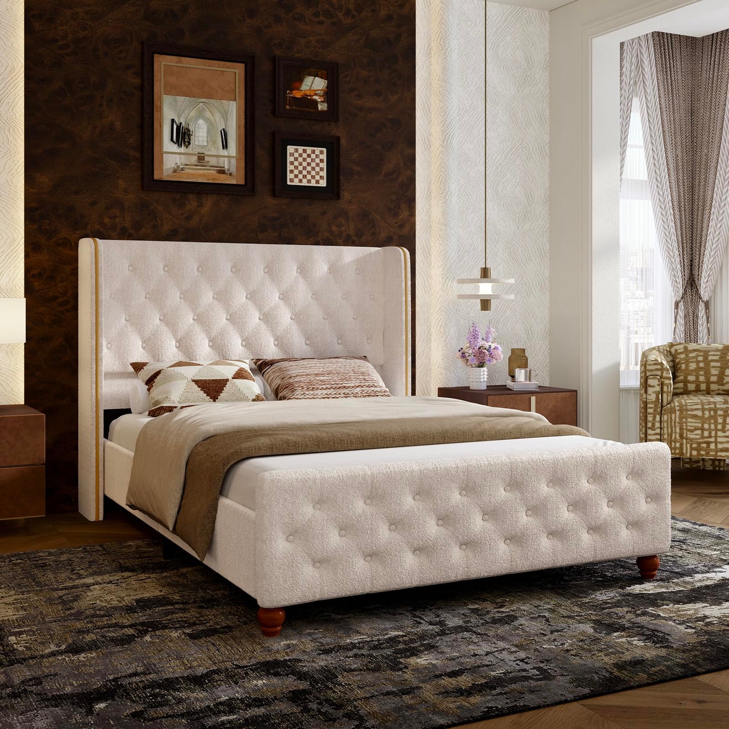 Novilla Bed Frame Queen Size, Queen Bed Frame with Headboard, Sea-Lion Velvet Upholstered Tall Queen Bed Frame with Wingback and Footboard, Button Tufted/No Box Spring Needed/Heavy Duty Feet/Cream
