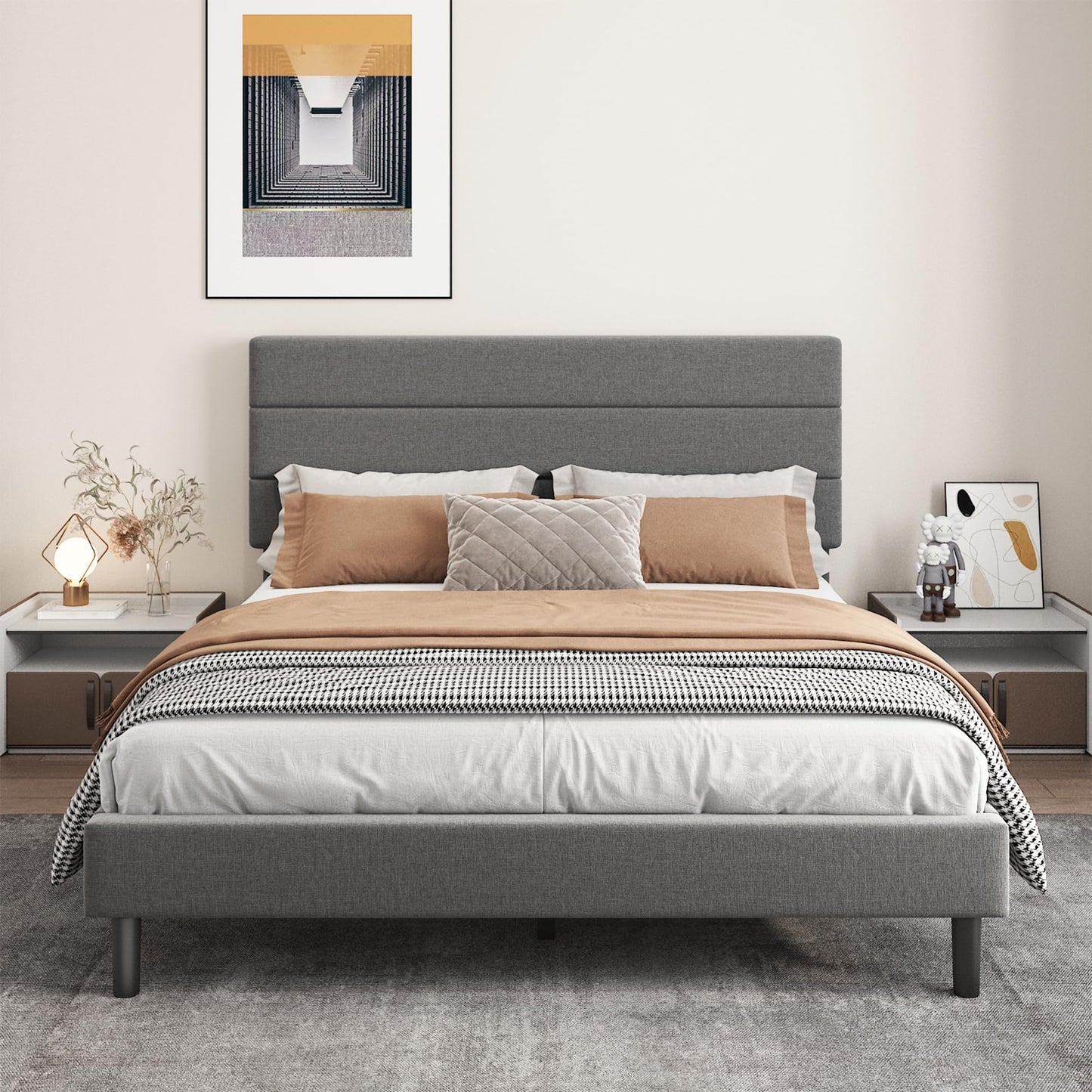 Mxhtcewz Queen Platform Bed Frame with Adjustable Linen Fabric Upholstered Headboard, Strong Slats Support, Noise-Free, No Box Spring Required, Easy Assembly for Bedroom Guest Room, Grey