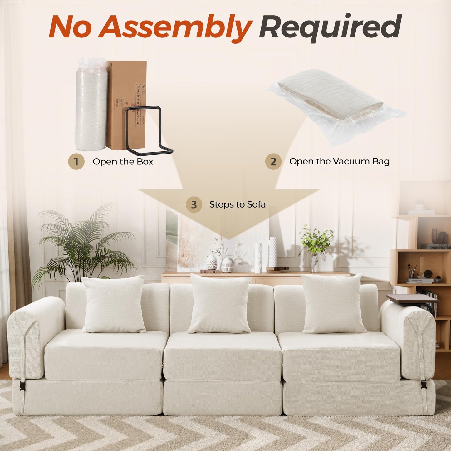 Topcomfy 99.2" Modular Sectional Sofa Bed, Convertible Futon Sleeper Couch with Movable Side Table, Tool-Free Assembly Floor Sofa with Metal Support Frame, Chenille Deep Seat for Living Room Beige