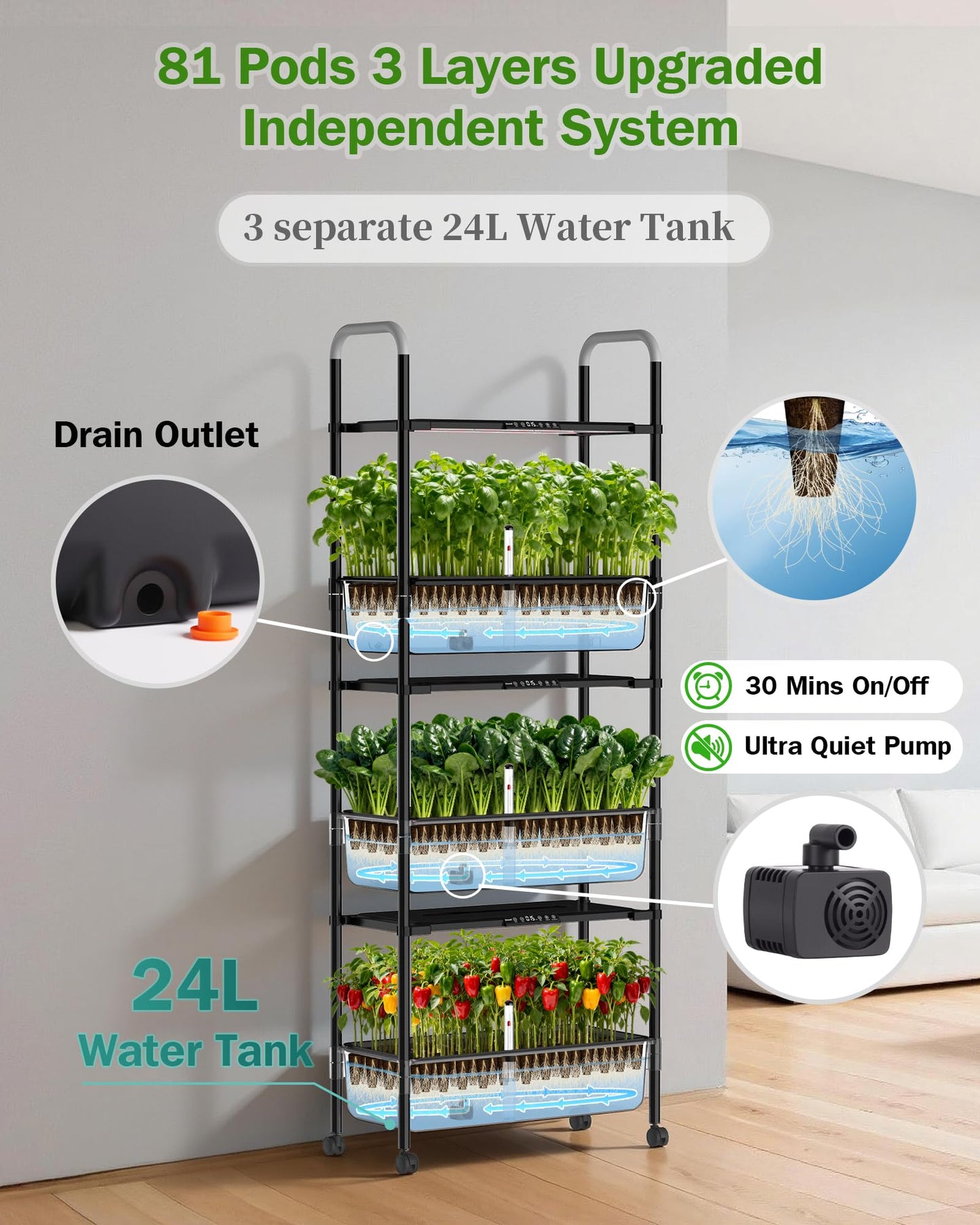 Growell Large Hydroponics Growing System Kit, 81 Pods Vertical Indoor Herb Garden Kit with LED Grow Light & Independent Water Pump, 42L Movable Indoor Planter Perfect Gardening Gifts (3 Tier-Black)