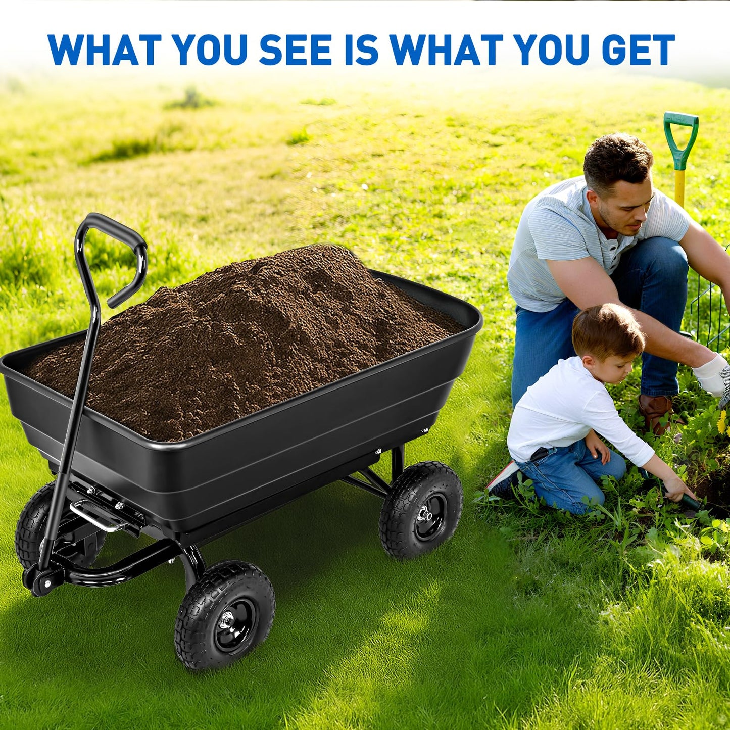 Yesker Garden Carts - 900lbs Dump Wagon with All Terrain Inflatable Wheels for Yard Lawn Farms Gardening - Heavy Duty Utility Outdoor Hauling Wheelbarrow