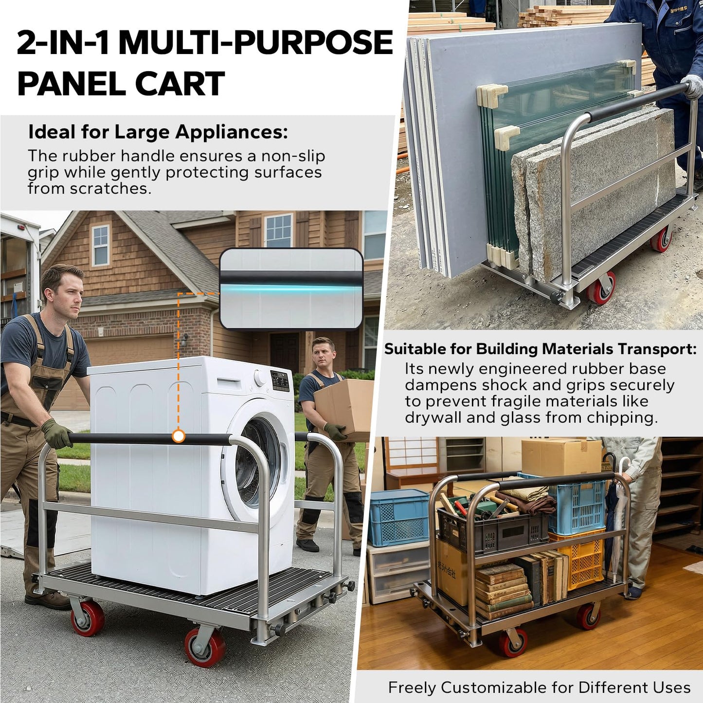 2IN1 Heavy Duty Panel Truck, 36" x 24" Platform Cart w/Rubber Mat & 3 Handrails, 2600 lbs Capacity Drywall & Lumber Cart, Flatbed Cart w/2 Swivel Casters, All-Steel Hand Truck Push Cart