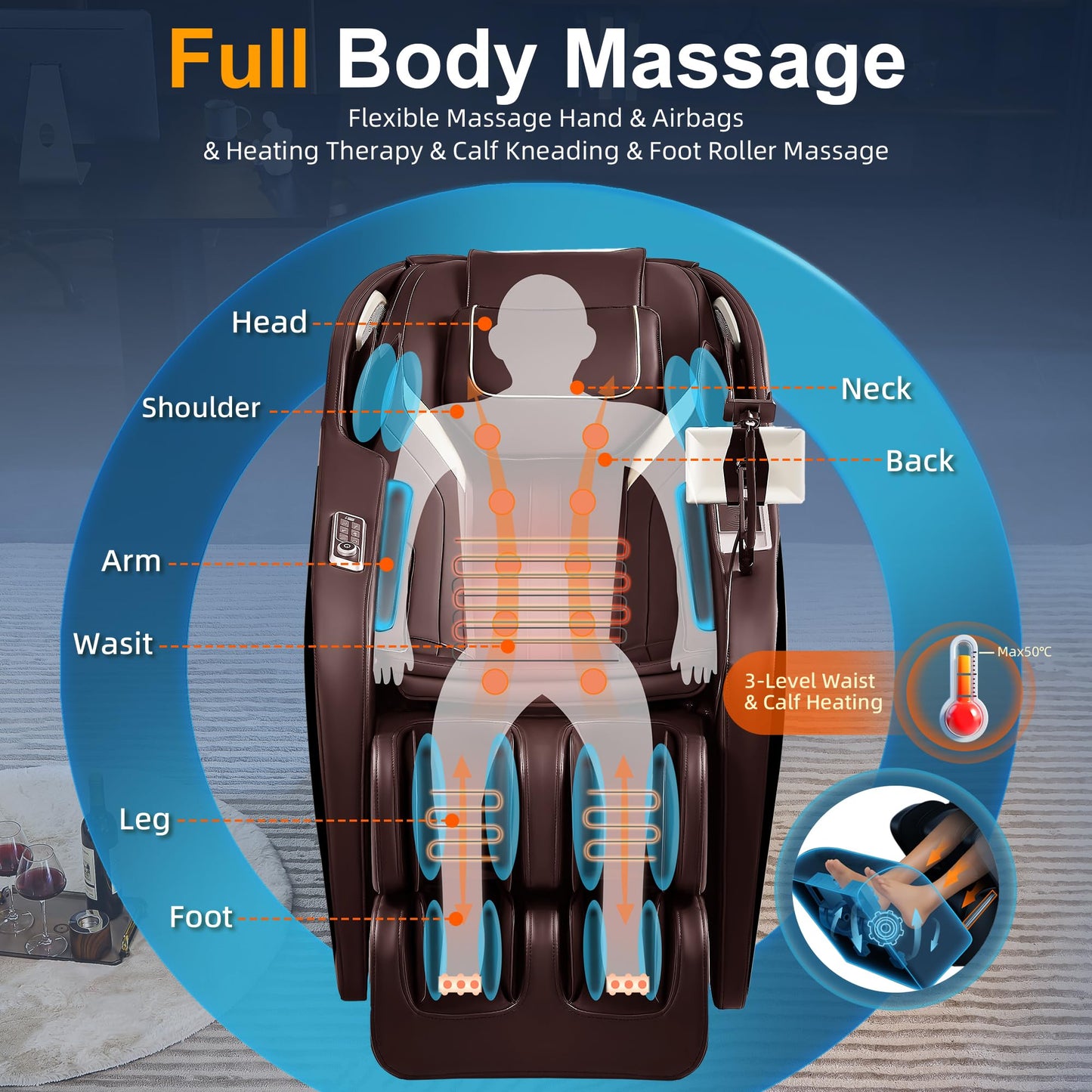 Luxury 4D Full Body Massage Chair, Zero Gravity SL-Track Shiatsu Recliner ,18 Auto Modes & 6 Massage Techniques,Lumbar & Calf Heating,Foot Roller and Calf Kneading,Voice/App/Touch Control,Body Scan