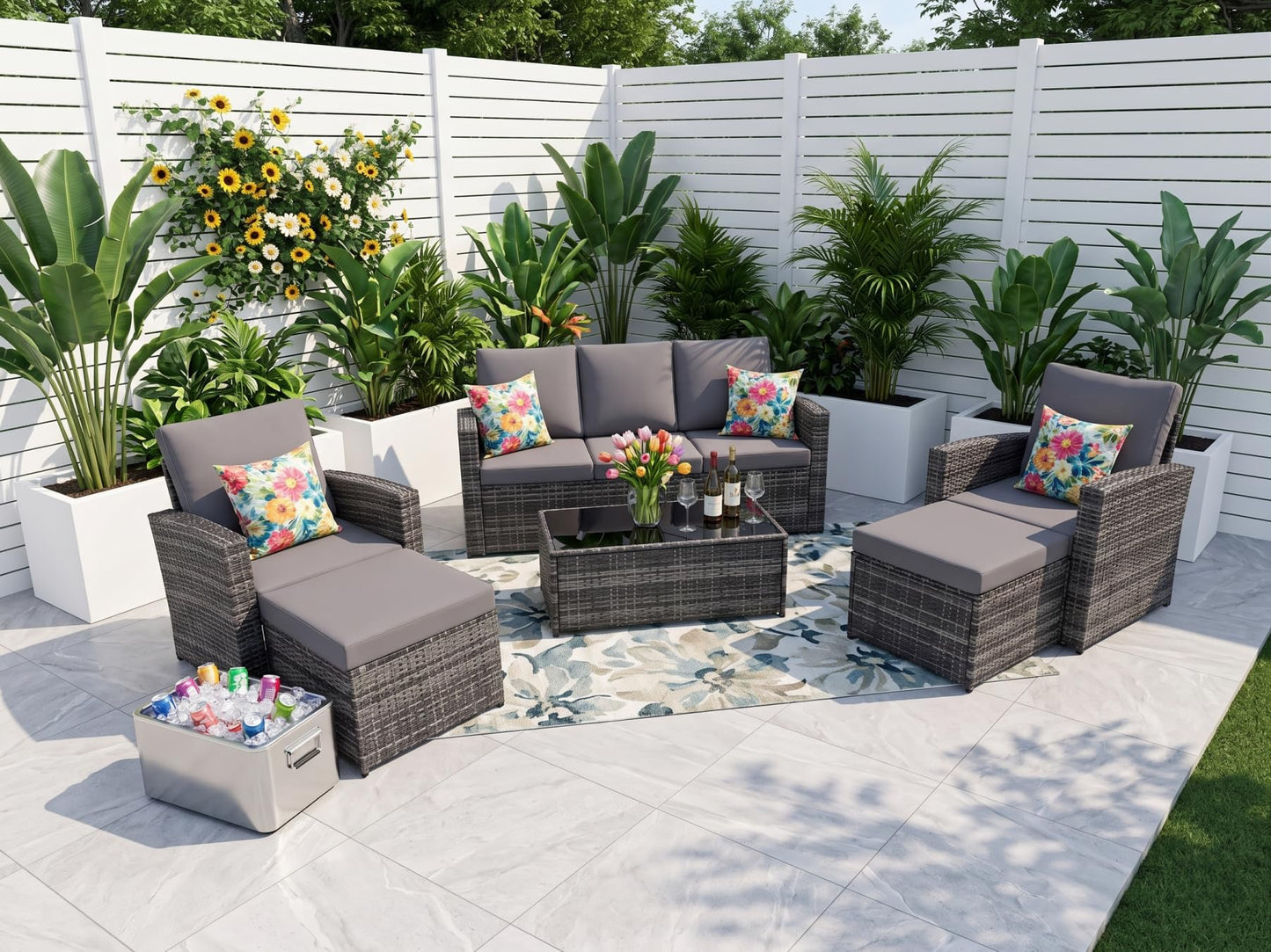 KEIKI 6Pcs Outdoor Patio Conversation Furniture Sets with Couch,Chair, Glass Coffee Table & Ottoman, PE Wicker Sectional Couch Sofa Seating with Thick Cushion for Backyard Lawn Poolside, All-Weather