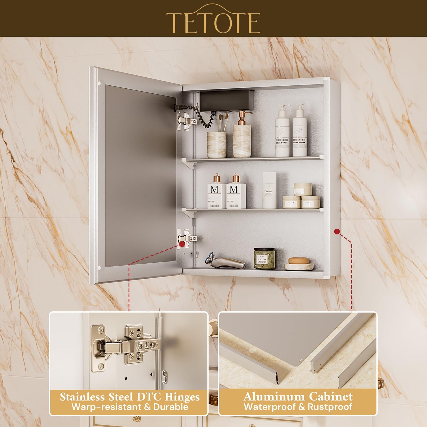 TETOTE 30 x 26 LED Lighted Medicine Cabinet with Mirror with Adjustable Shelves, Silver Aluminum Cabinet, Anti-Fog Stepless Dimmable 3 Colors White/Warm/Natural, Easy to Install(Wall Mount/Recessed)