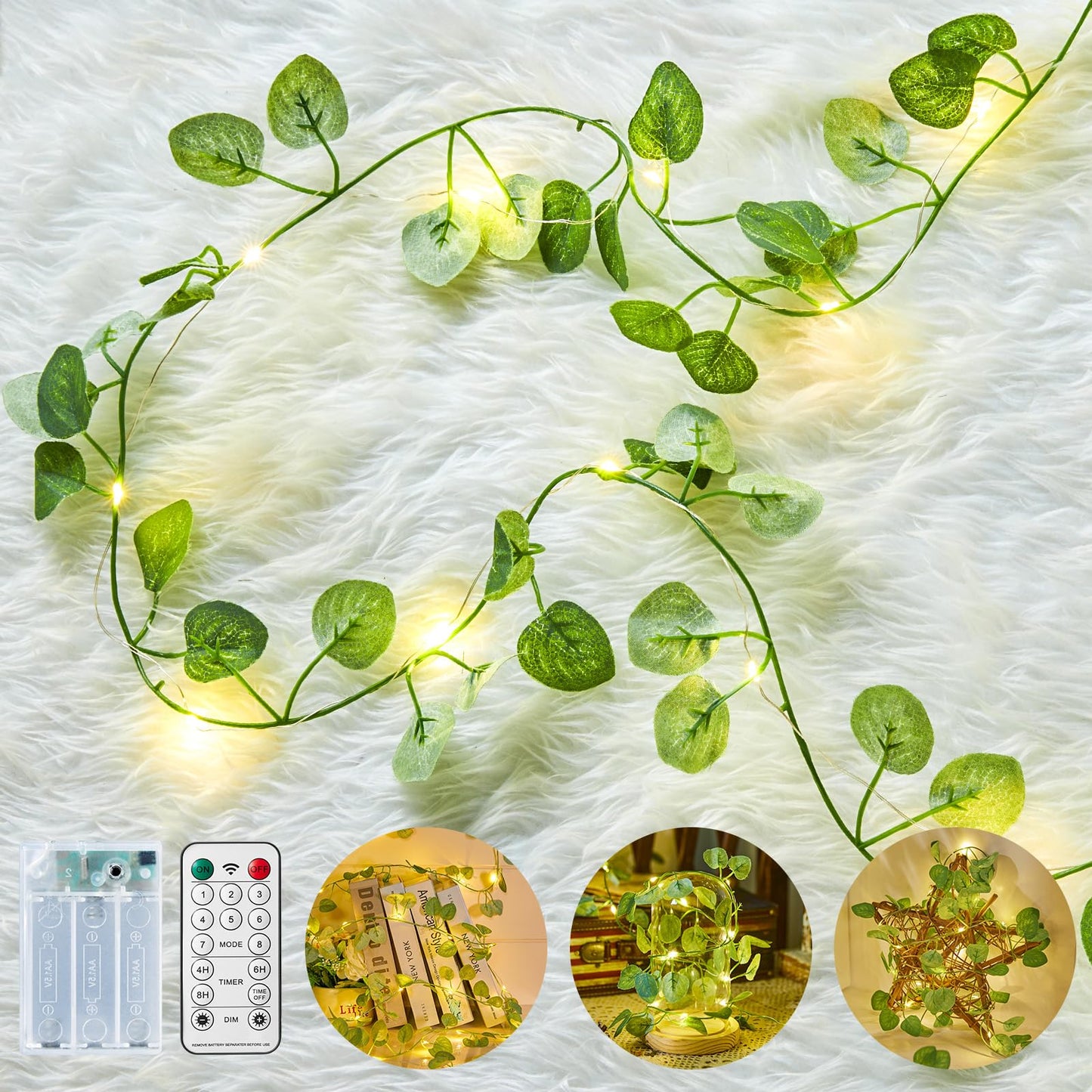 Minetom Fairy Lights - 21ft 60 LED Eucalyptus Garland with Remote Control for Bedroom and Wall Decorations