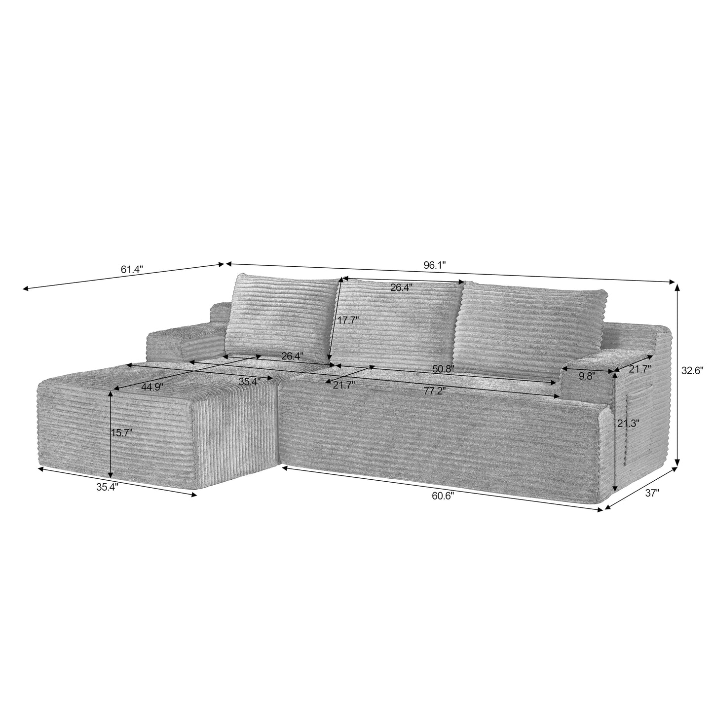 96" L Shaped Cloud Sectional Couch with Chaise, Deep Seat Modular Sectional Sofa Corduroy Memory Foam Sofa Boneless Couches for Living Room Bedroom, No Assembly Required