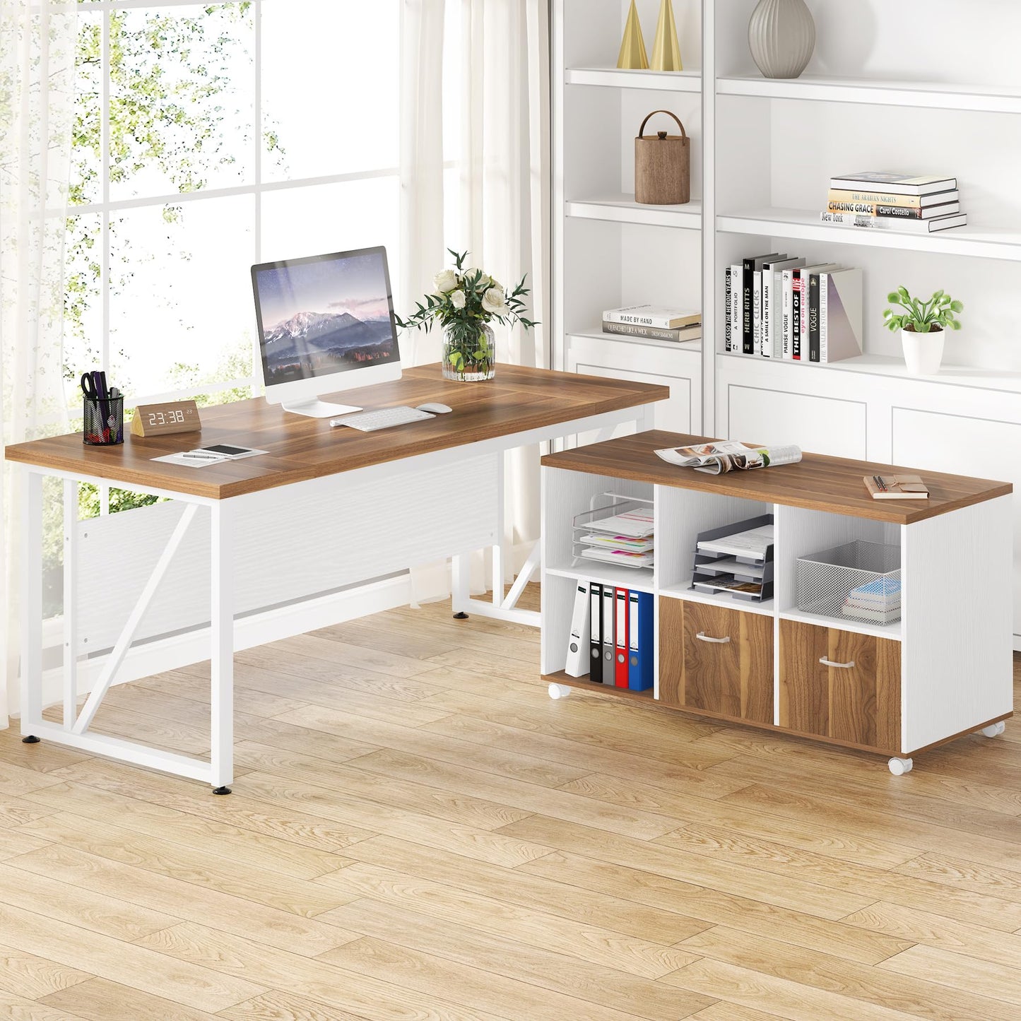 Tribesigns 63-Inch Executive Computer Desk with 47-Inch Lateral File Cabinet, Large Workstation Business Furniture, L Shaped Desk with Drawers and Storage Shelves for Home Office, Walnut & White