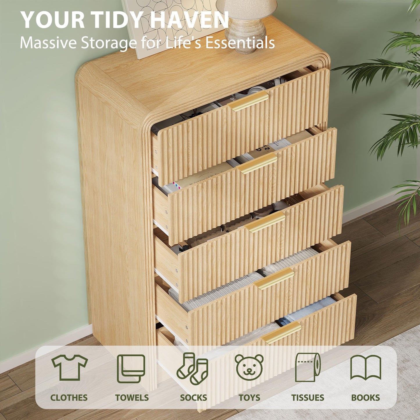Decofy Fluted 5 Drawers Dresser, 48" Tall Modern Chest of Drawers with Round Edge & Metal Handle, Wood Drawer Organizer for Living Room, Bedroom, Entryway, Hallway (Natural Oak)