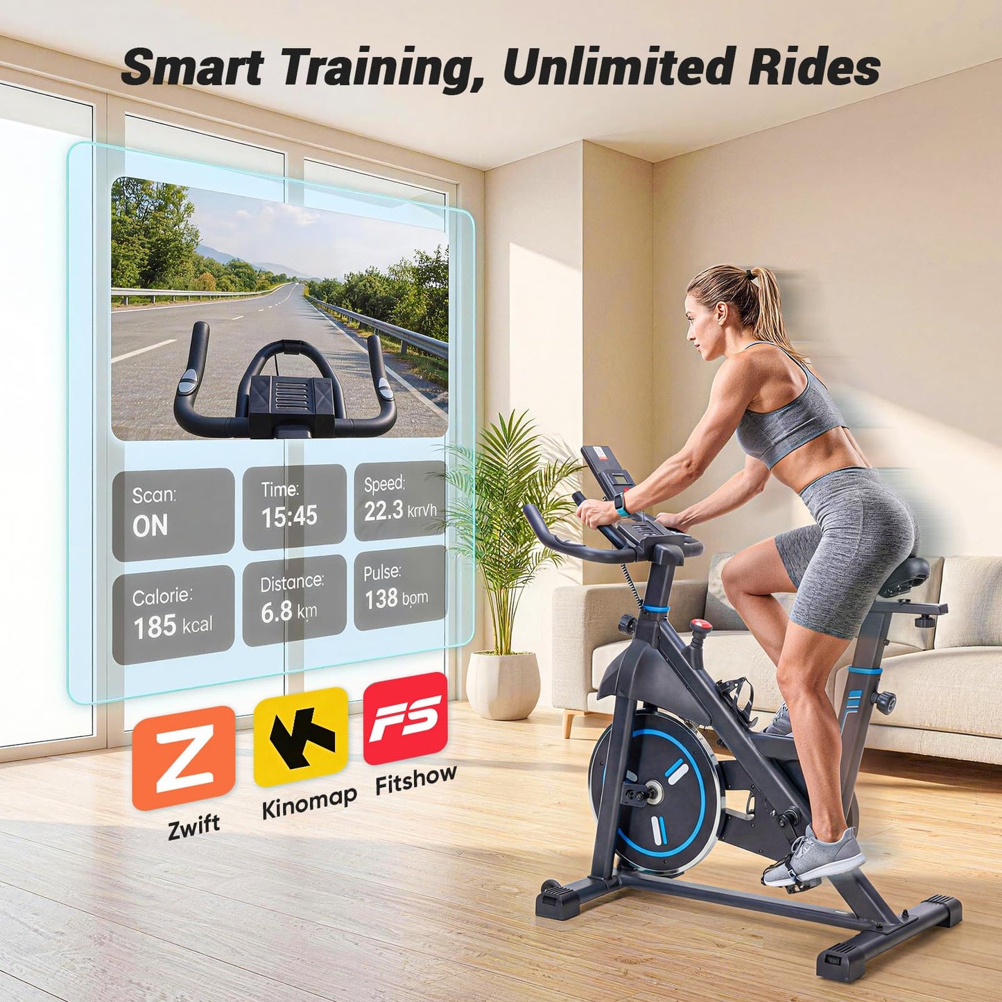 DUMOS Exercise Bike with APP, Stationary Bikes for Home, Workout Bike for Adults & Seniors, Adjustable Height and Resistance, Low Noise, 265lbs Weight Capacity, Easy Setup, Black&Blue