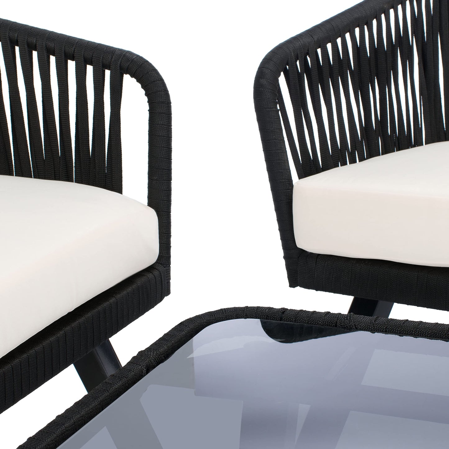 Safavieh Outdoor Collection Jorda Wicker Cushion 4-Piece Rope Patio Backyard Living Set PAT7518B, Black/Beige