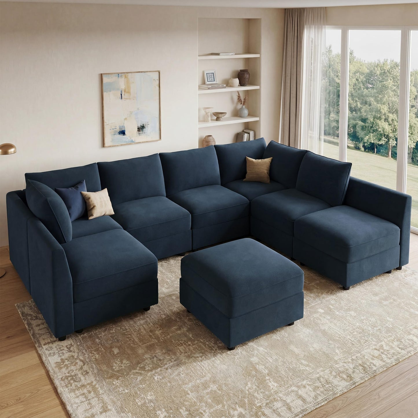 HONBAY Oversized Modular Sectional Sofa with Storage U Shape Sectional Sofa Set Velvet Sectional Couches for Living Room,Dark Blue