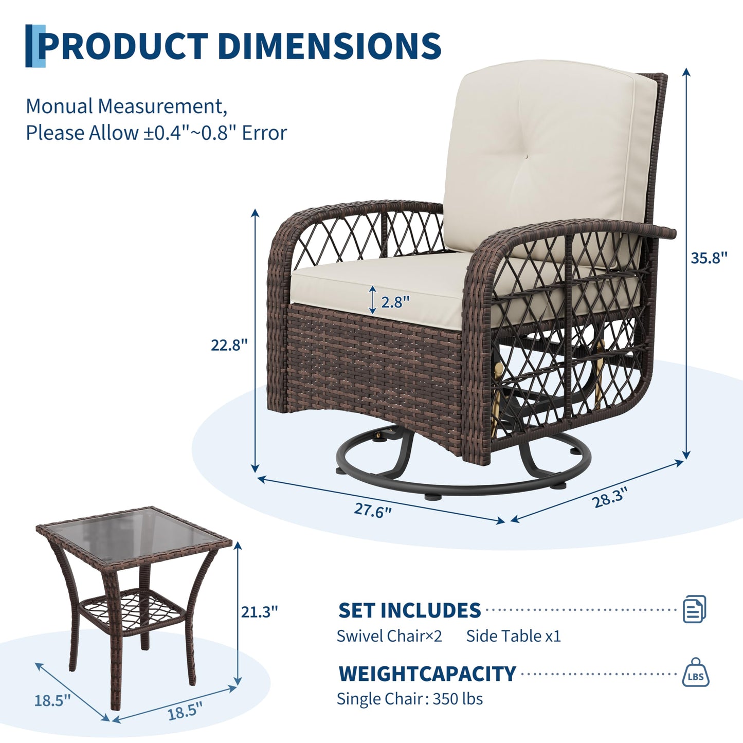 3 Pieces Patio Furniture Set, Outdoor Swivel Glider Rocker Set w/Washable Cushion and Tempered Glass Tabletop, Conversation Furniture for Deck Porch Balcony Backyard Garden,Brown & Beige