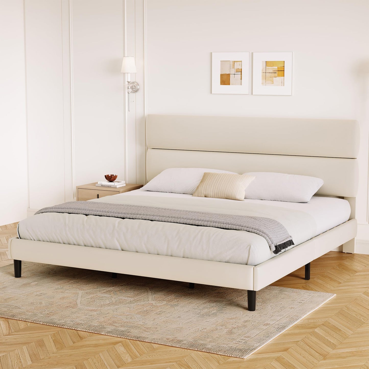 GRUSIGN King Size Platform Bed Frame with Velvet Headboard, Adjustable Height Wooden Slats Support, Upholstered Mattress Foundation, Fits Mattress or Mattress with Box Spring, Easy Assembly, Beige