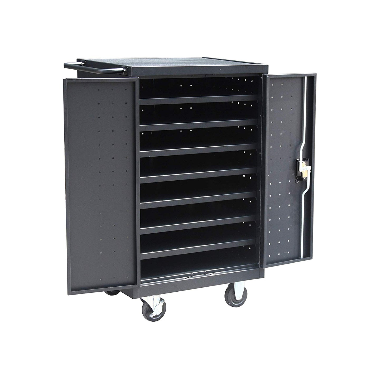 Pearington 12-Device Mobile Charging and Storage Cart for iPads, Tablets and Laptops Computers, Up to 16-inch Screen Size, Surge Protection, Front & Back Access Locking Cabinet, Black