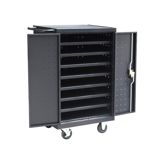 Pearington 12-Device Mobile Charging and Storage Cart for iPads, Tablets and Laptops Computers, Up to 16-inch Screen Size, Surge Protection, Front & Back Access Locking Cabinet, Black