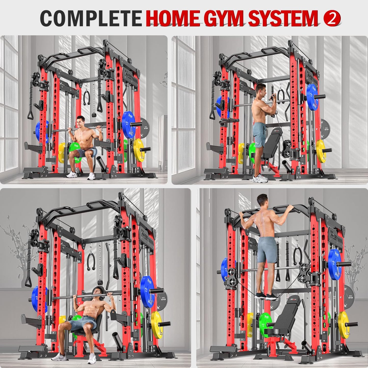 Smith Machine with Cable Crossover System, Multi-Function Power Cage Squat Rack for Home Gym, Power Rack and Packages Weight Sets. (Red, L04-Smith Machine+Bench+(Pole+Cast lron) 250LBS)