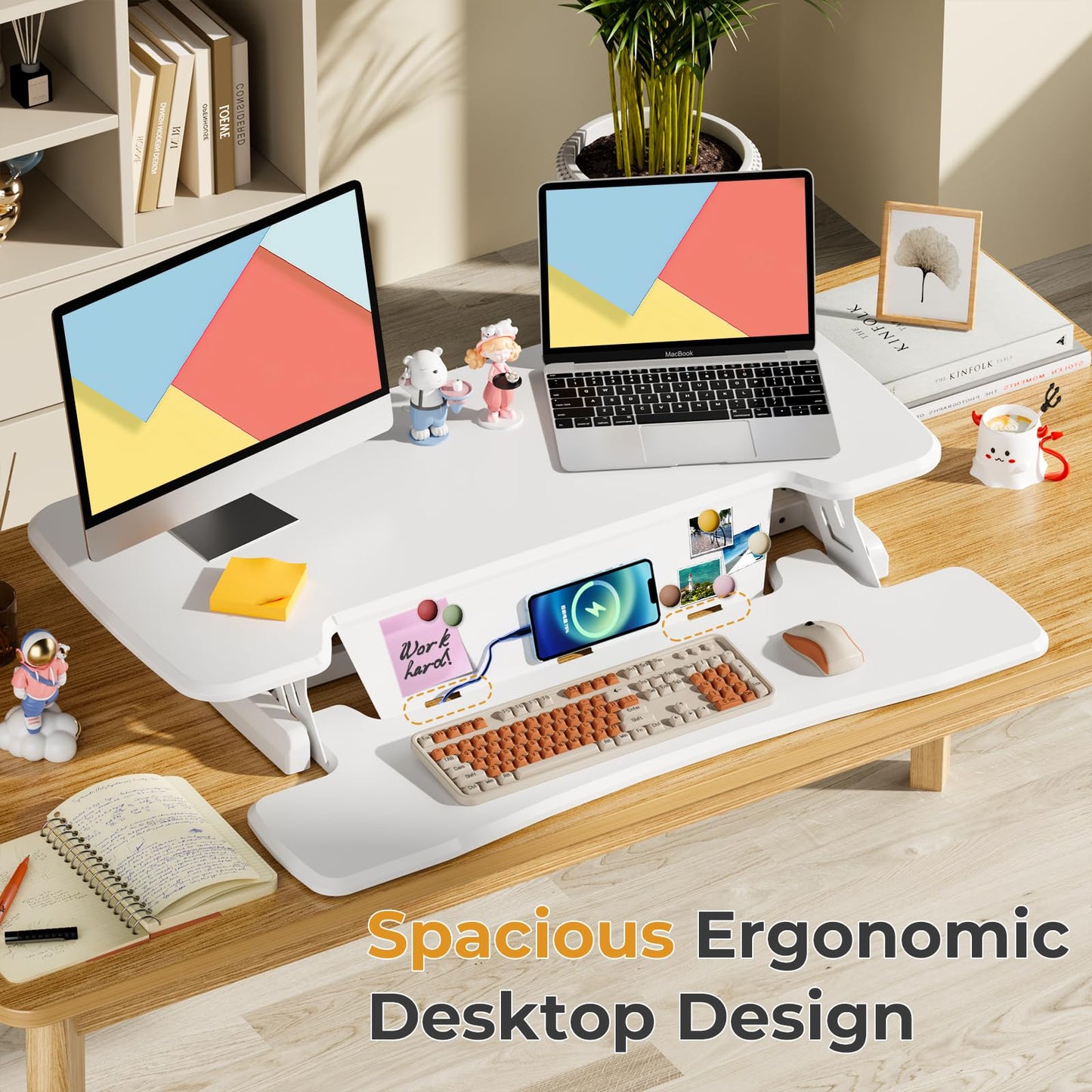 JOY worker Standing Desk Converter, 35" Height Adjustable Sit Stand Up Desk Riser with Keyboard Tray & 6 Fridge Magnets, Desktop Workstation Riser for Home Office Computer Laptop, White